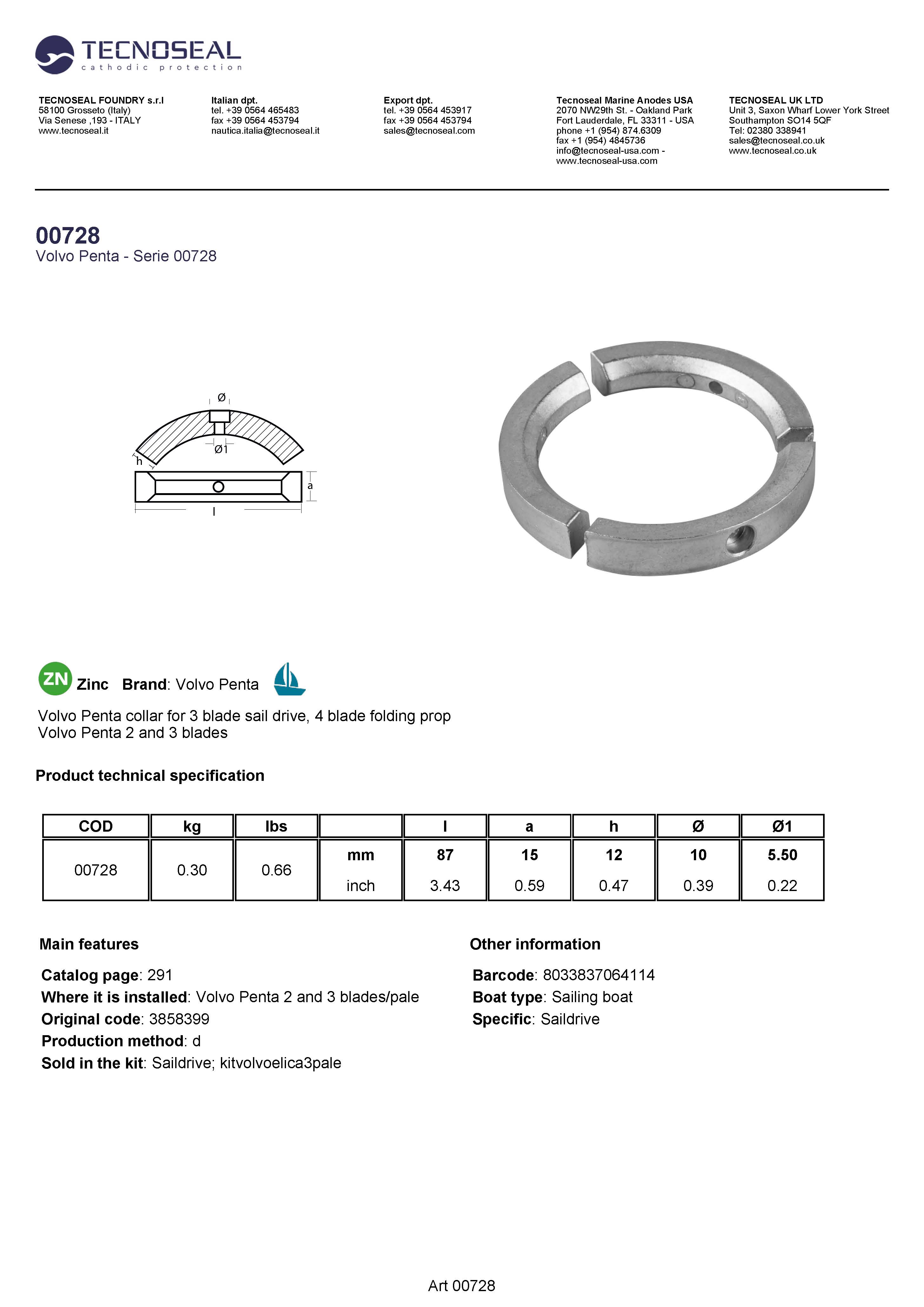Volvo  Penta collar 3 blade sail drive, 4 blade folding prop - 00728 - 00728