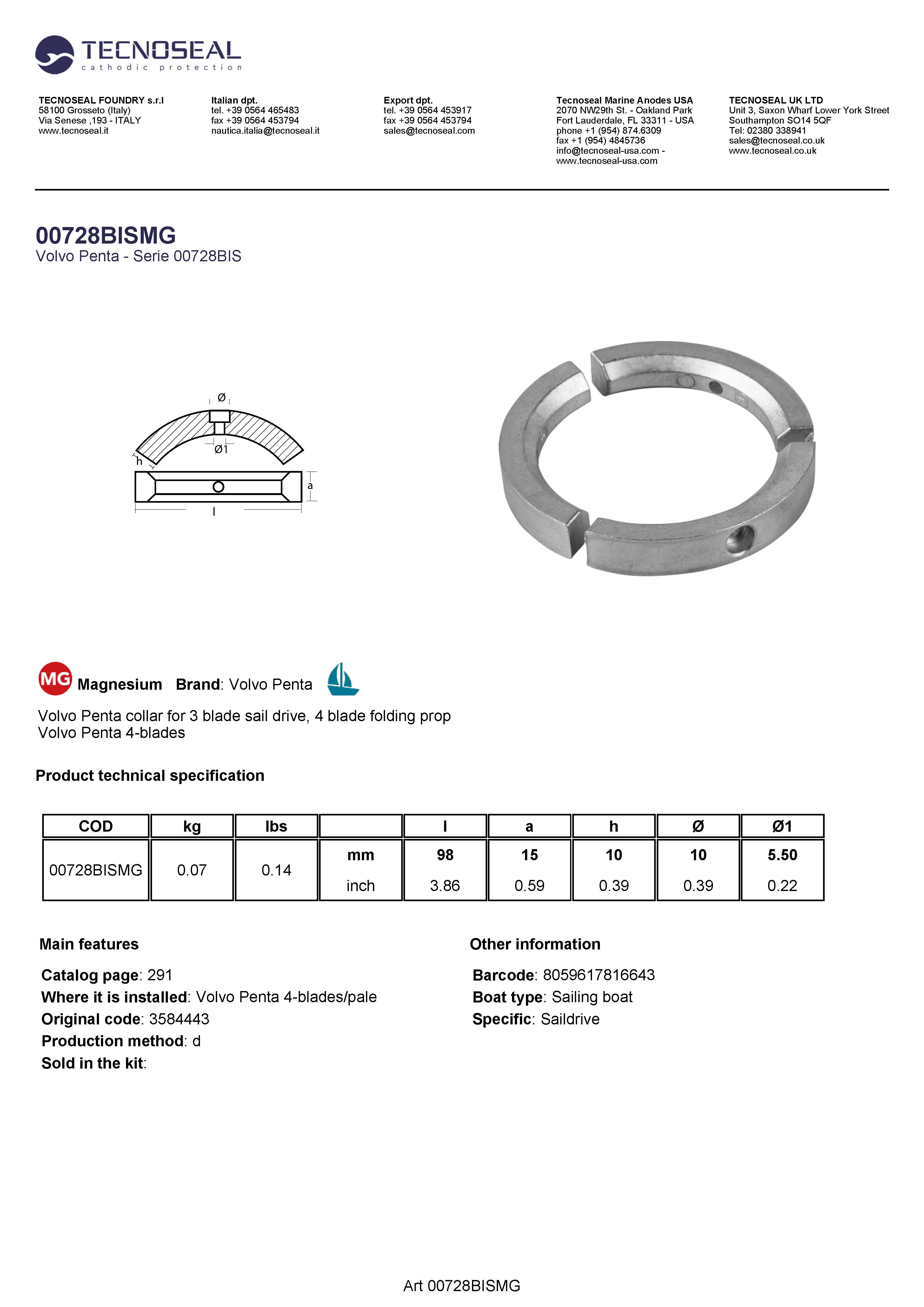 Volvo  Penta collar 3 blade sail drive, 4 blade folding prop - 00728bismg - 00728BISMG
