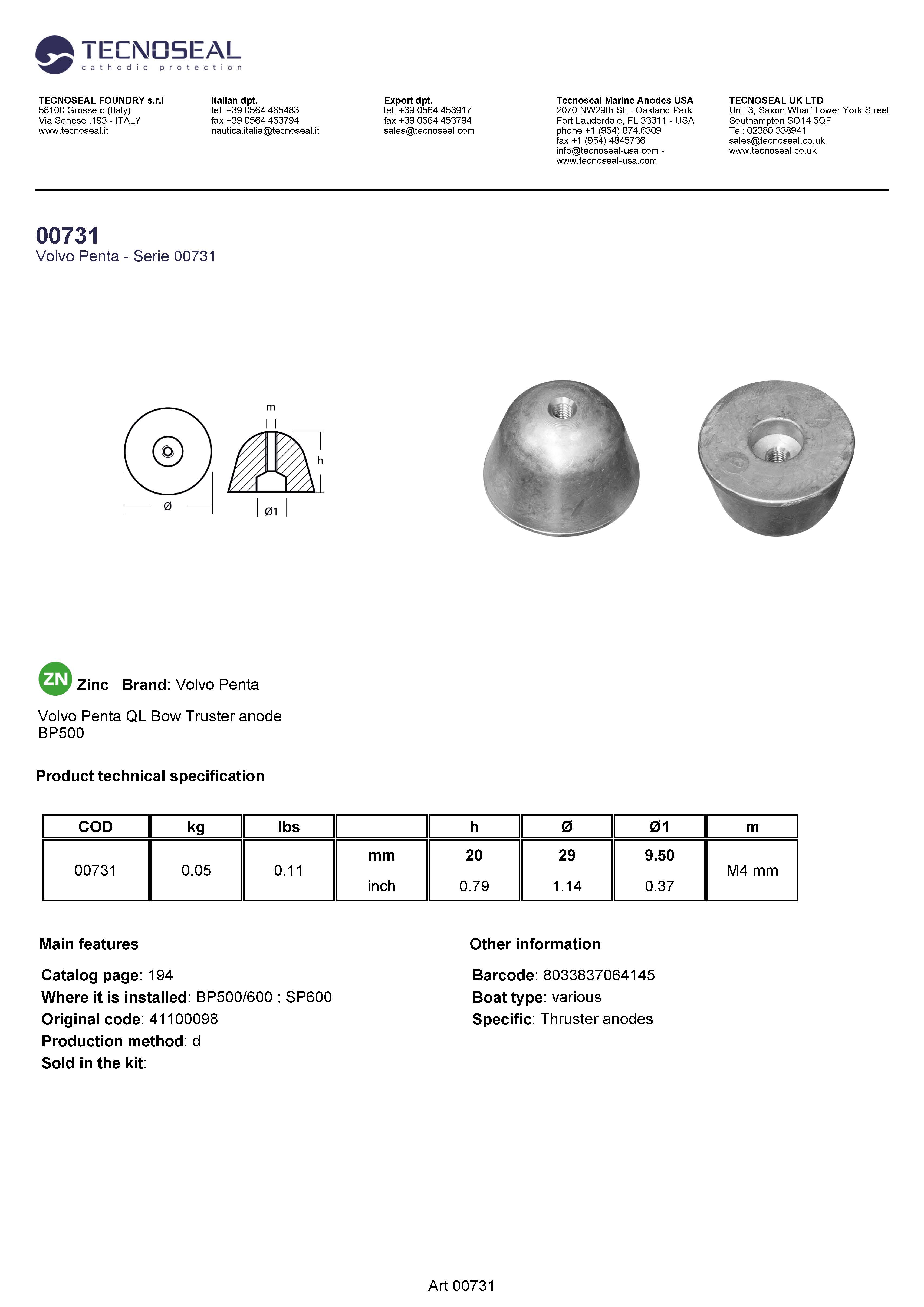 Volvo Penta Bow Thrust anode - 00731 - 00731