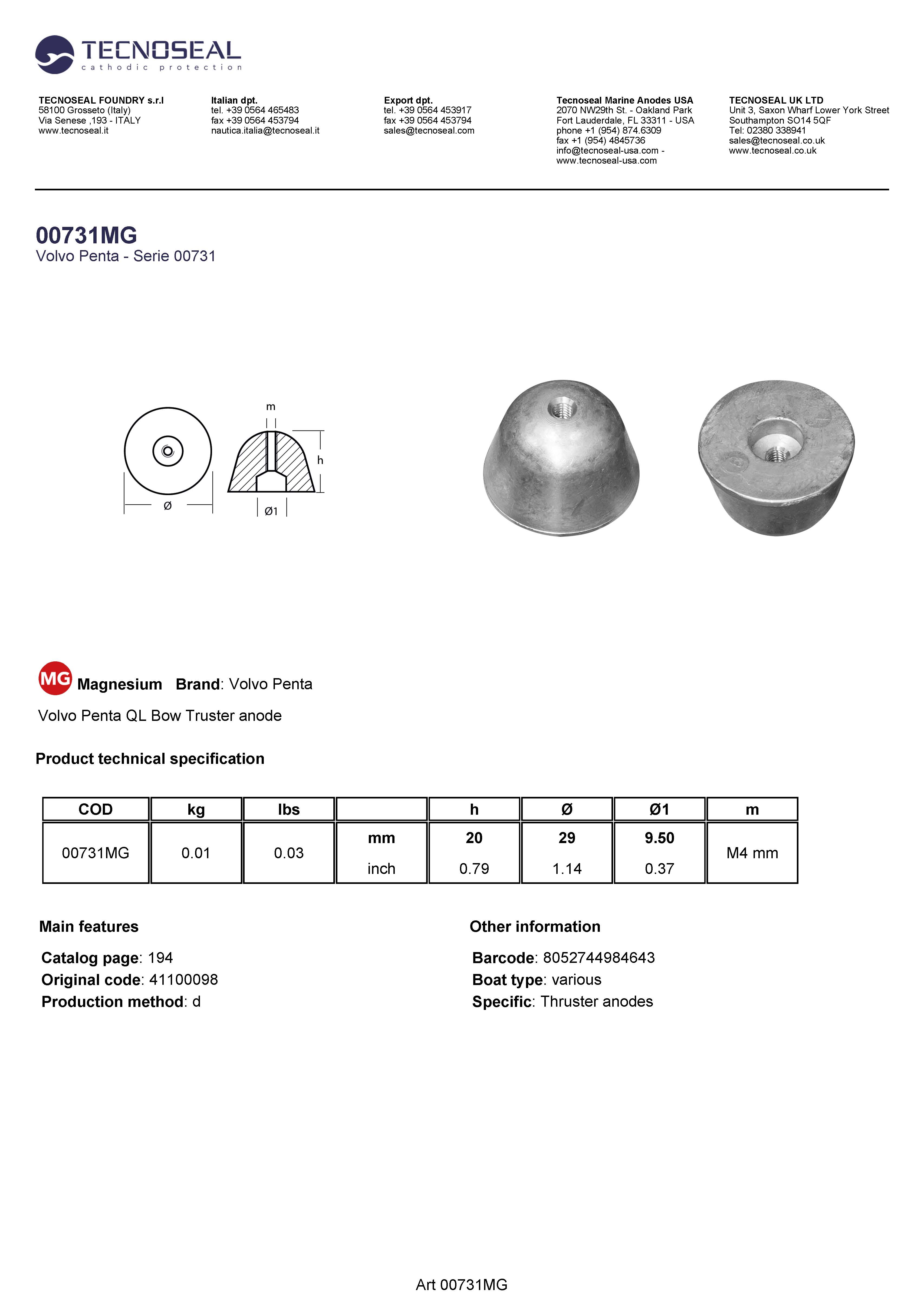 Volvo Penta Bow Thrust anode - 00731mg 1 - 00731MG
