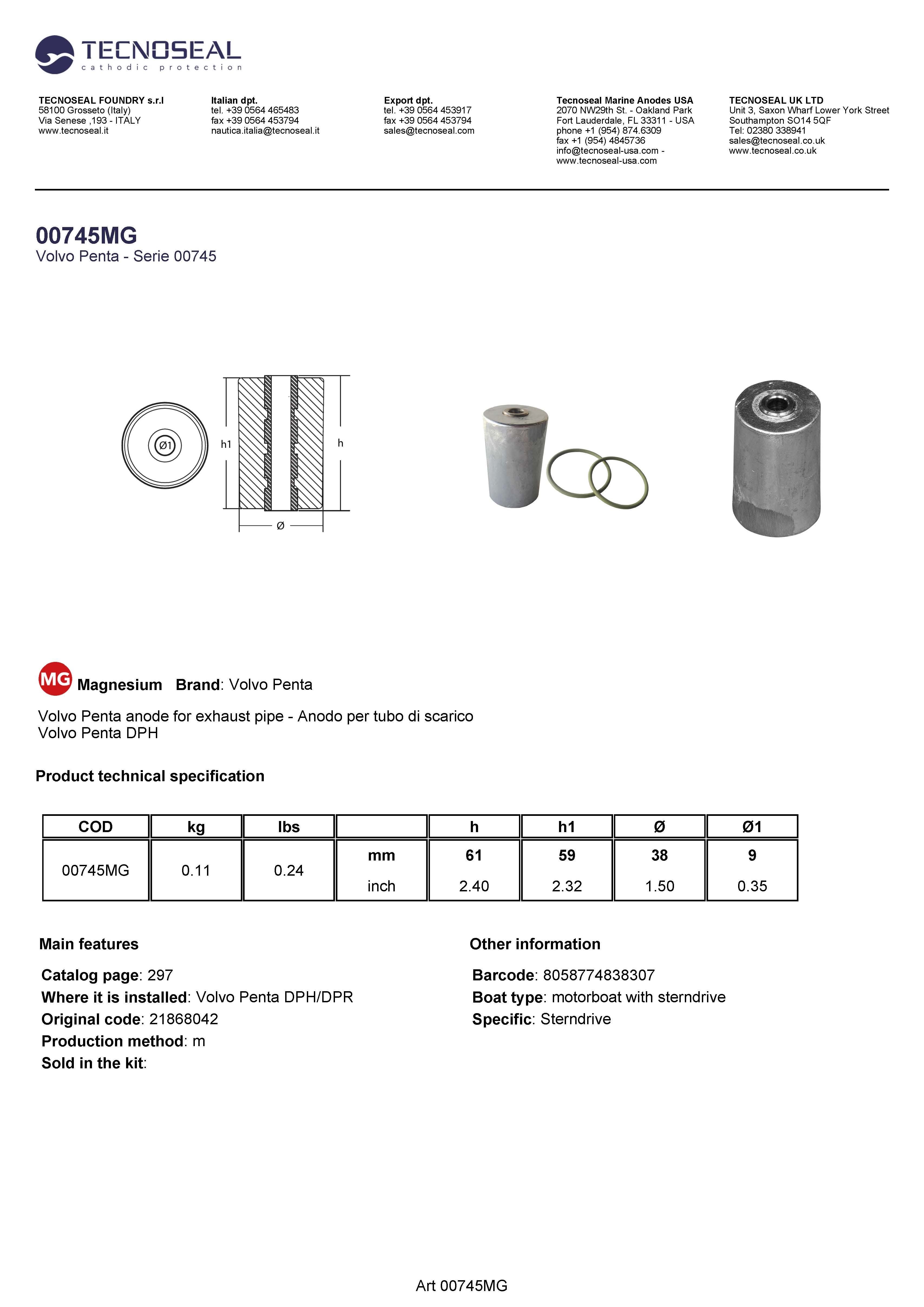 Volvo Penta anode exhaust pipe - Anodo per tubo di scarico - 00745mg - 00745MG