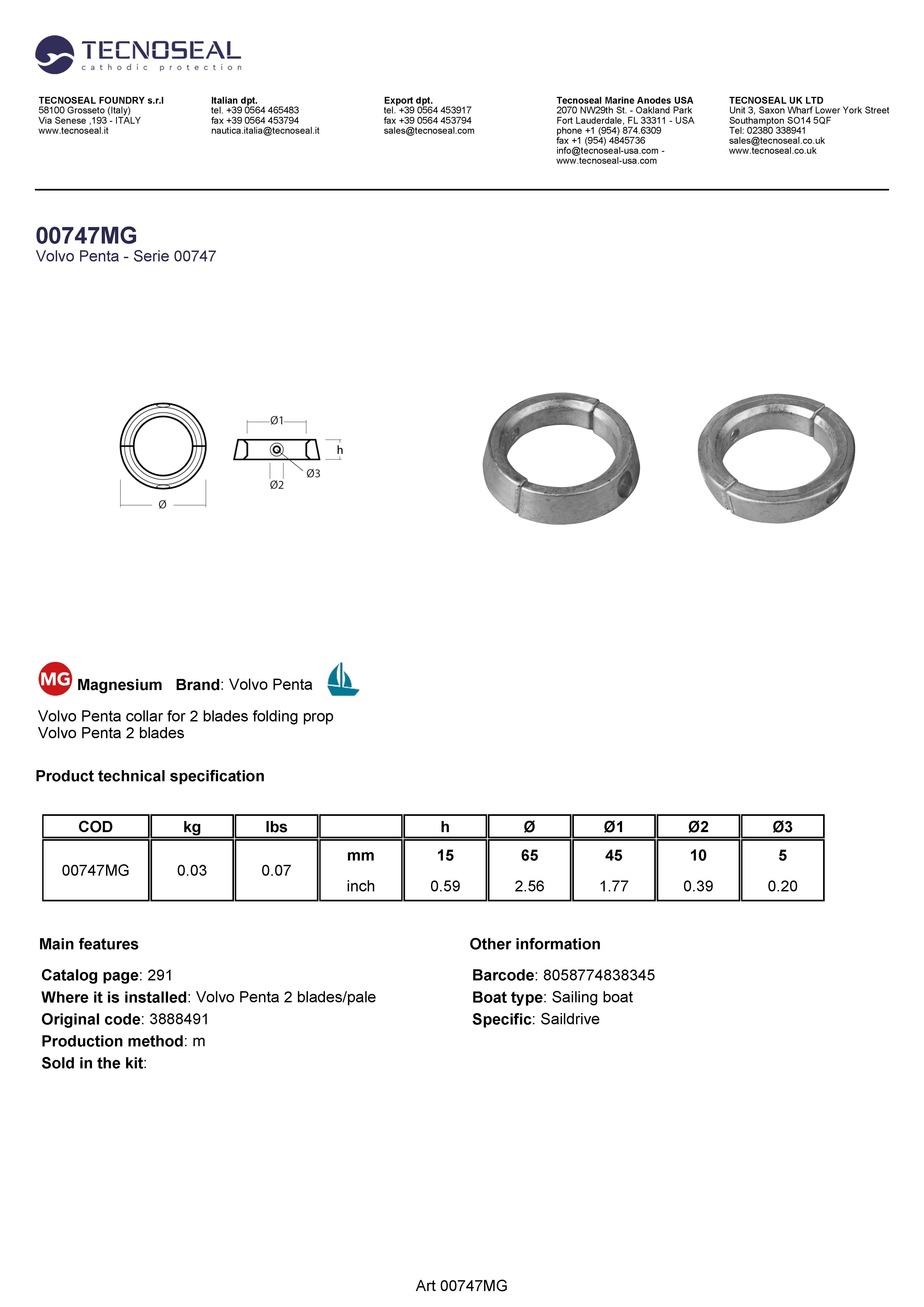 Volvo  Penta collar for folding propeller - 00747mg - 00747MG