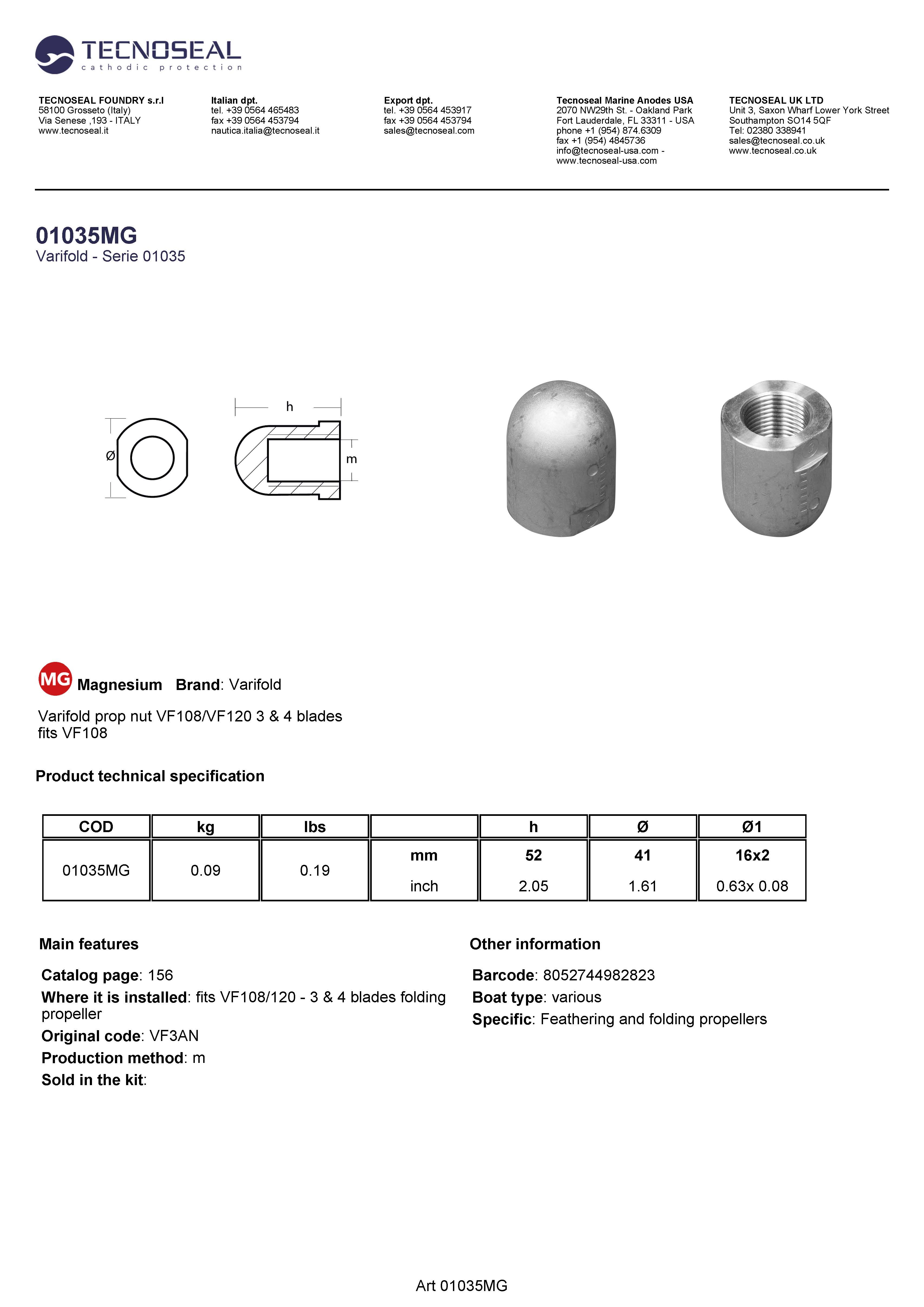 Varifold prop nut VF108/VF120 3 & 4 blades - 01035mg - 01035MG