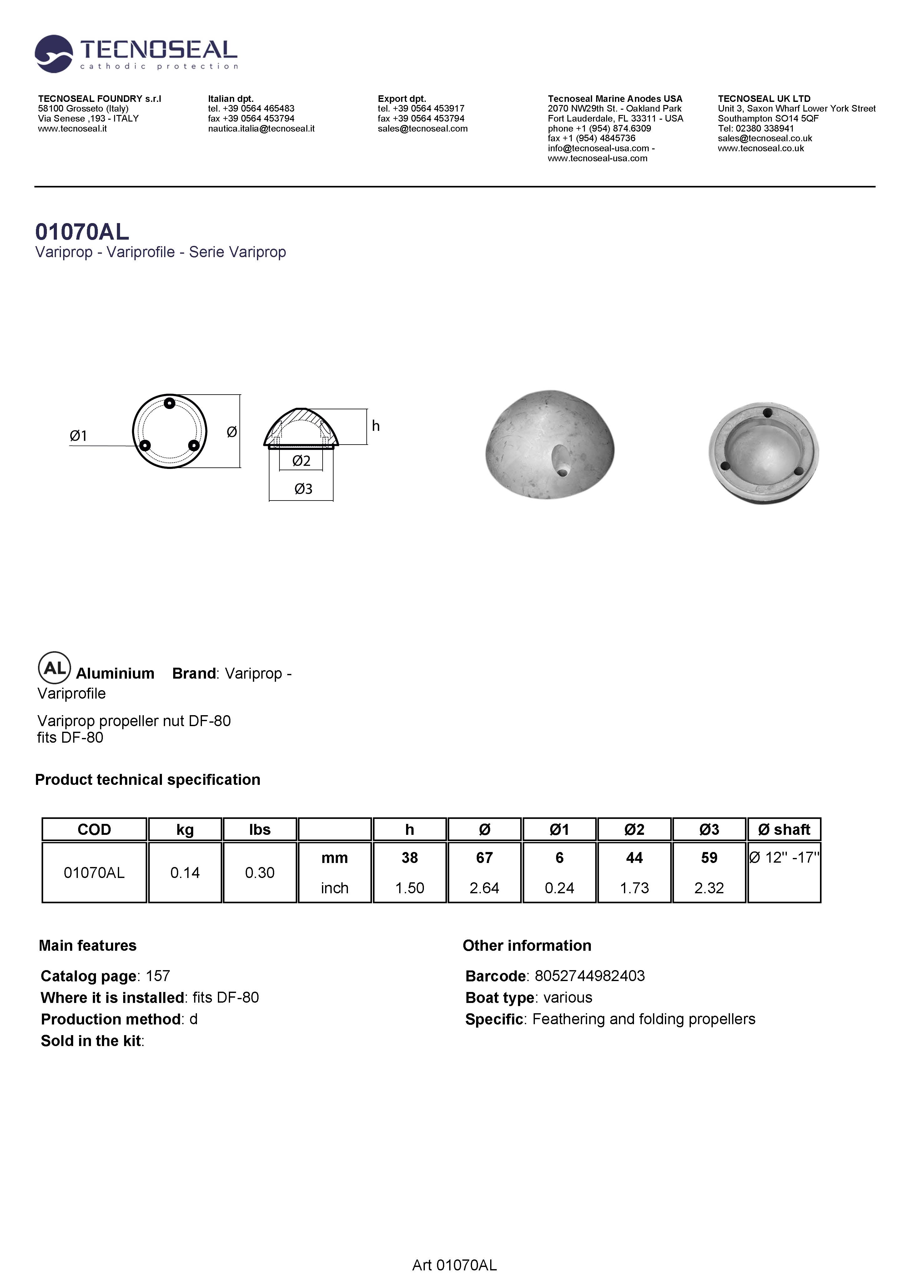 Variprop propeller nut DF-80 - 01070al - 01070AL