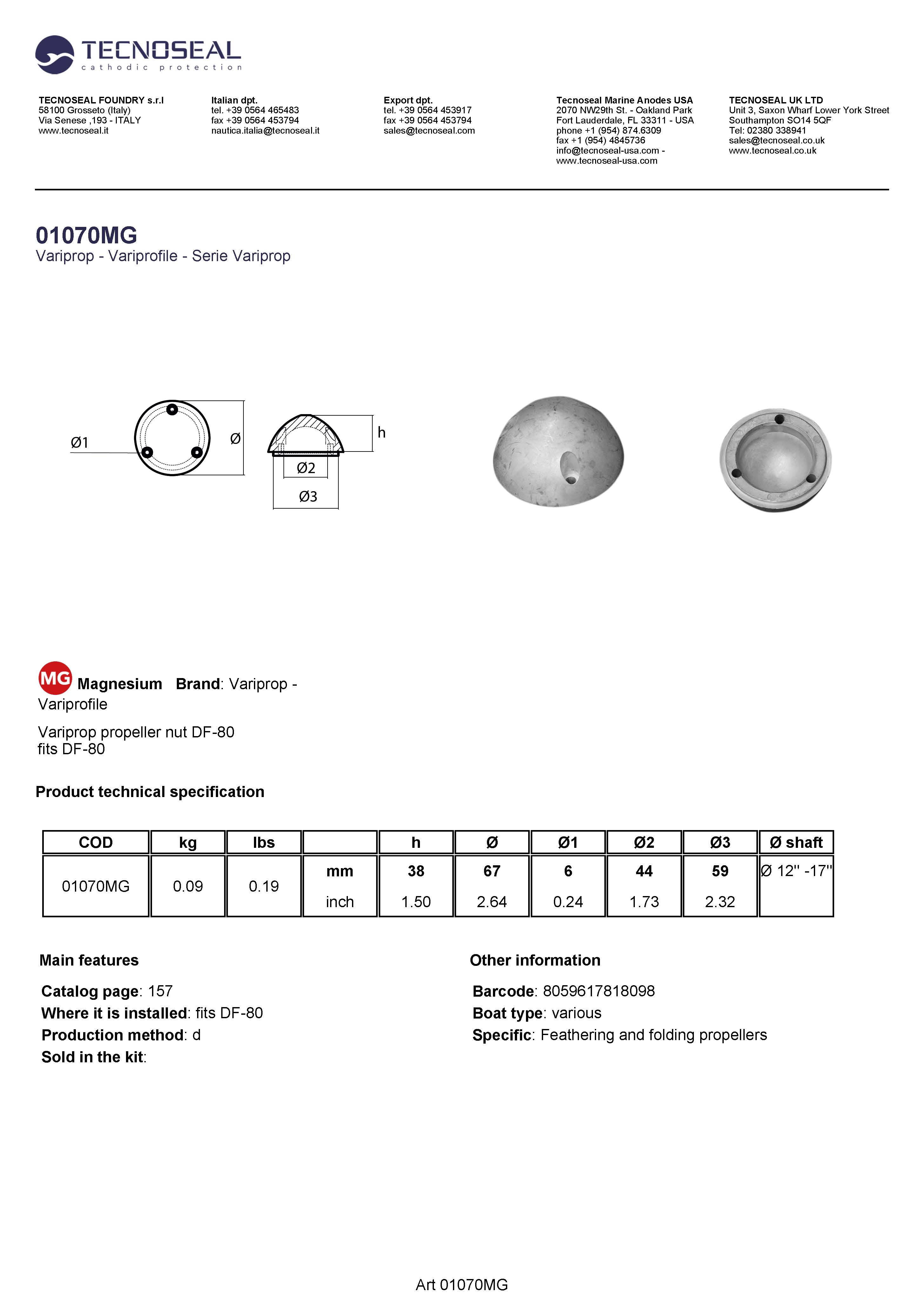 Variprop propeller nut DF-80 - 01070mg - 01070MG