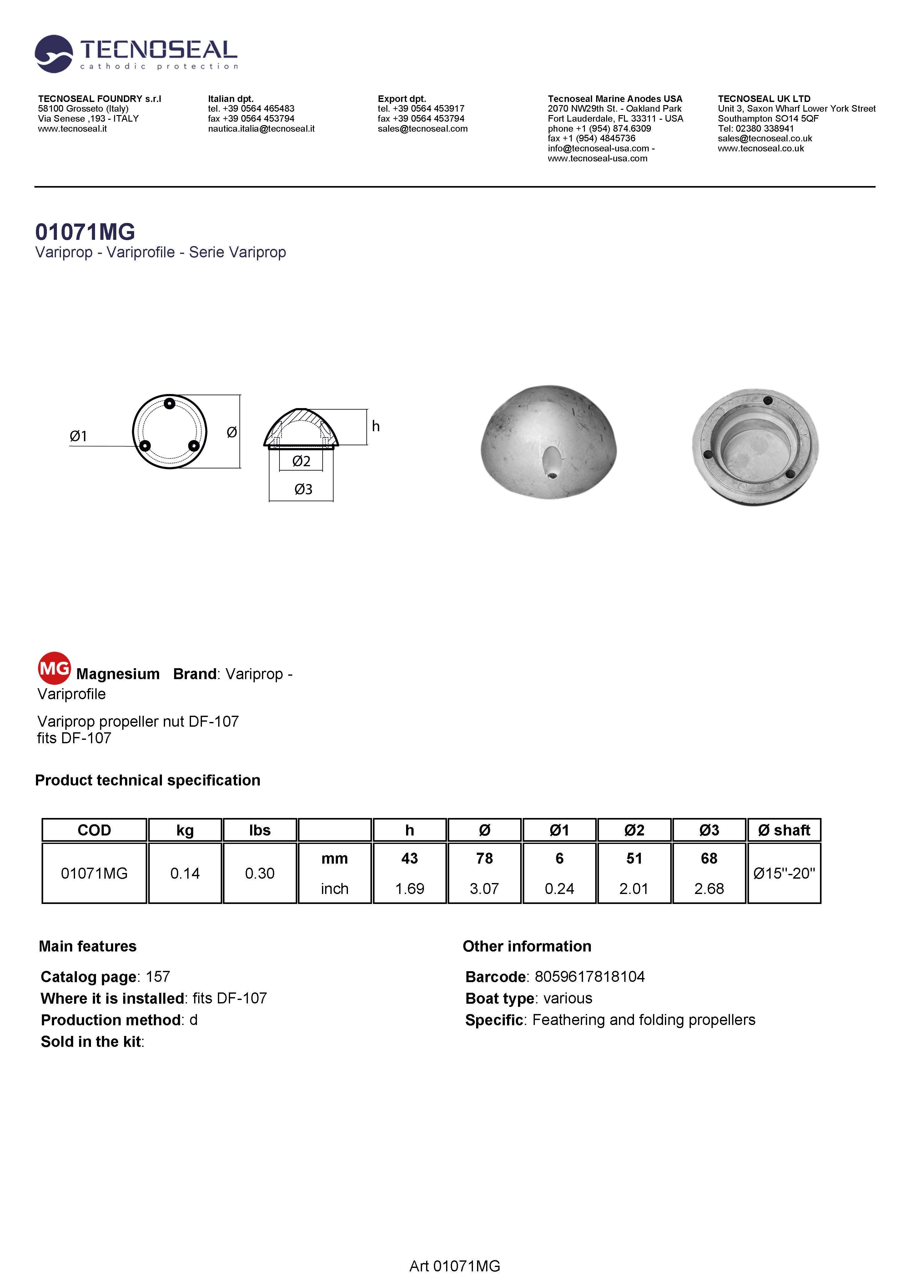 Variprop propeller nut DF-107 - 01071mg - 01071MG