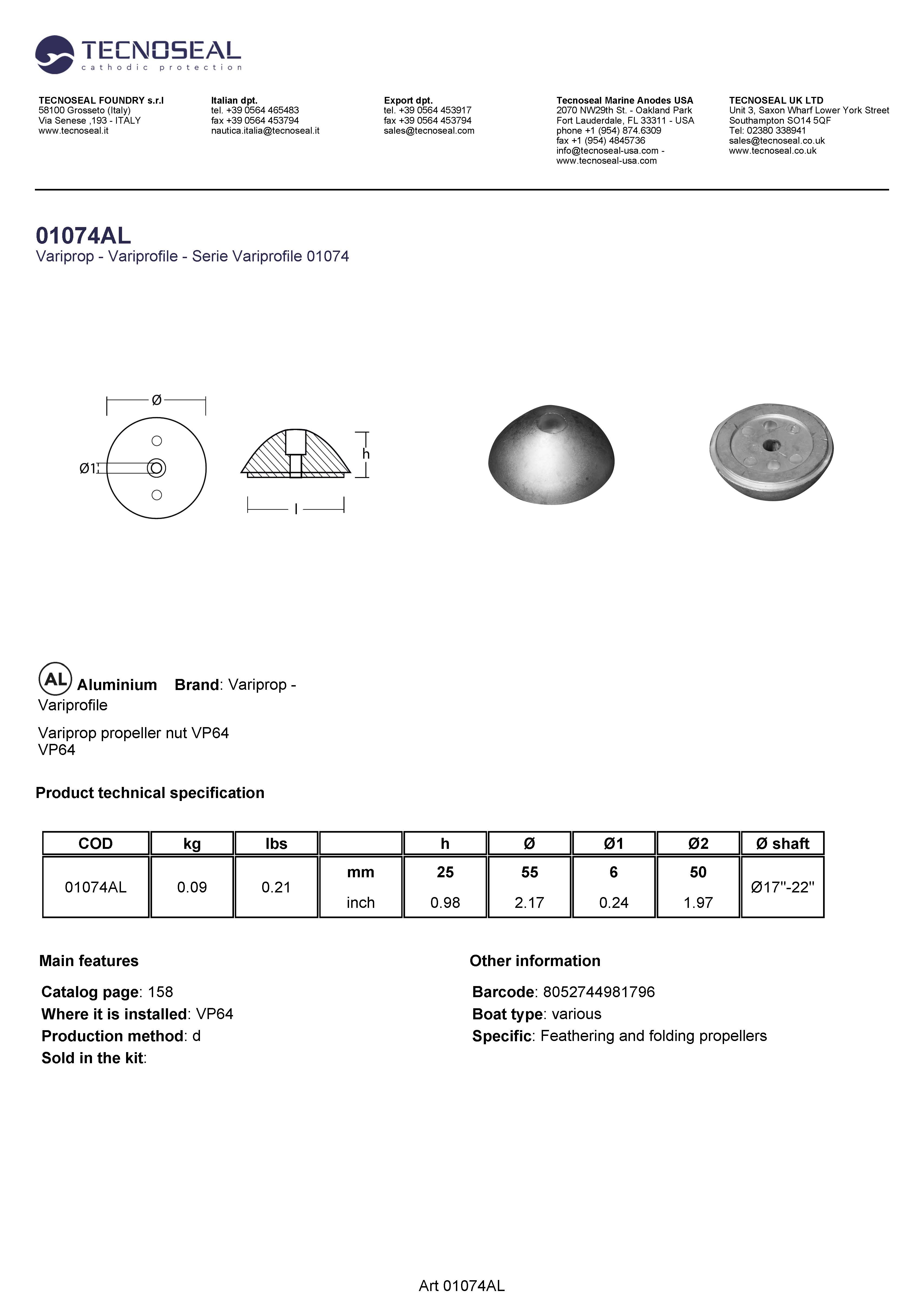 Variprop propeller nut VP64 - 01074al - 01074AL