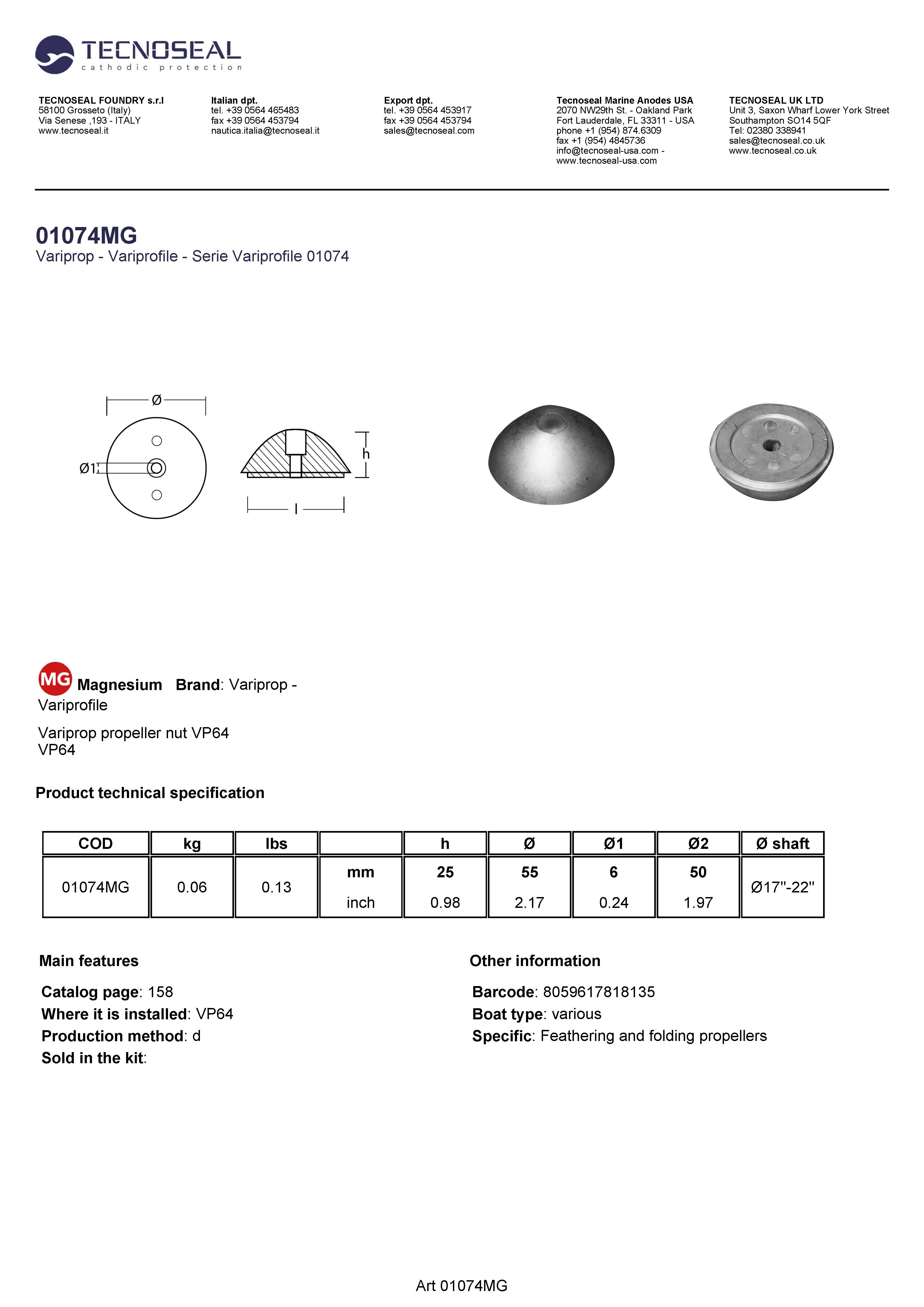 Variprop propeller nut VP64 - 01074mg - 01074MG