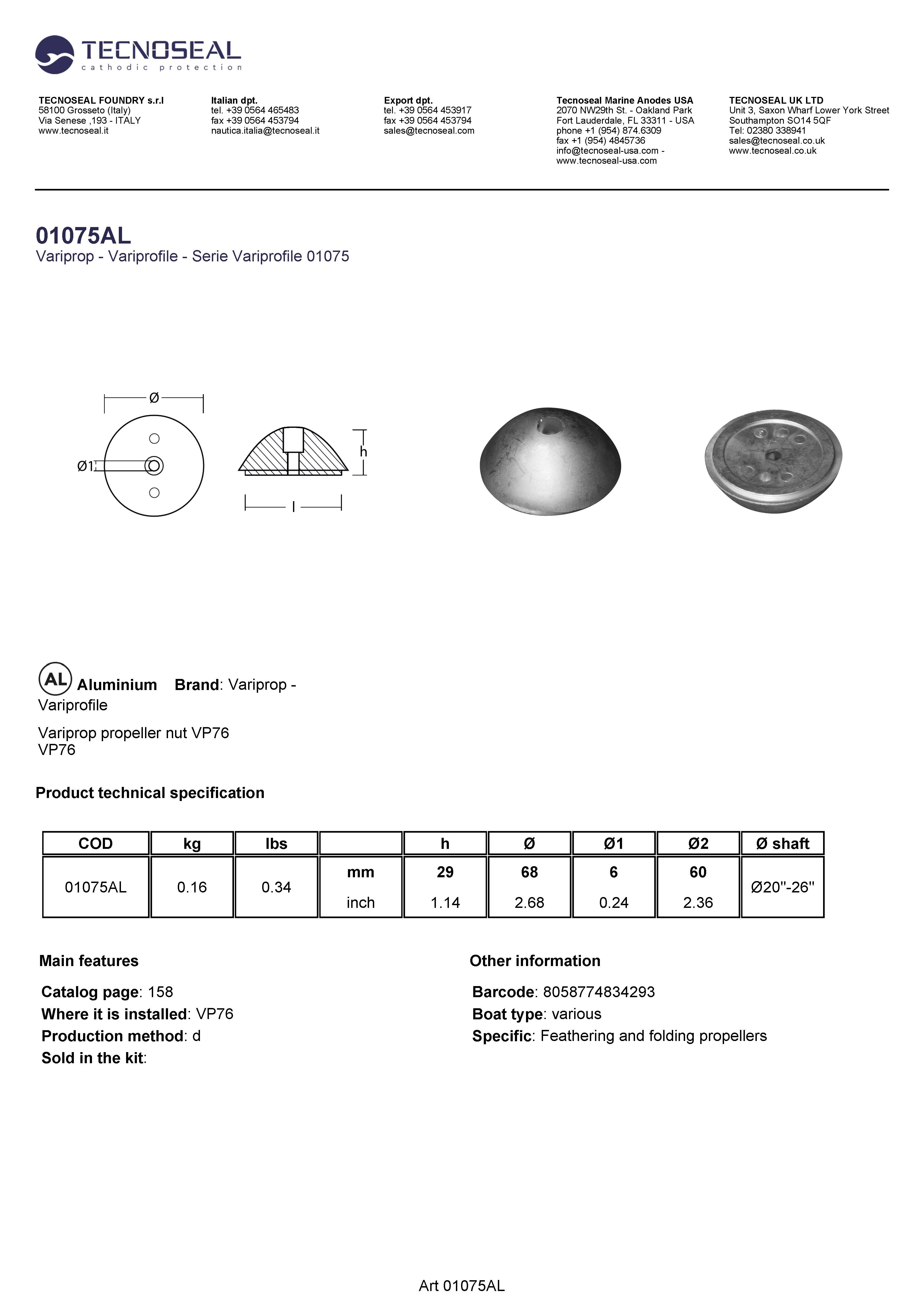 Variprop propeller nut VP76 - 01075al - 01075AL