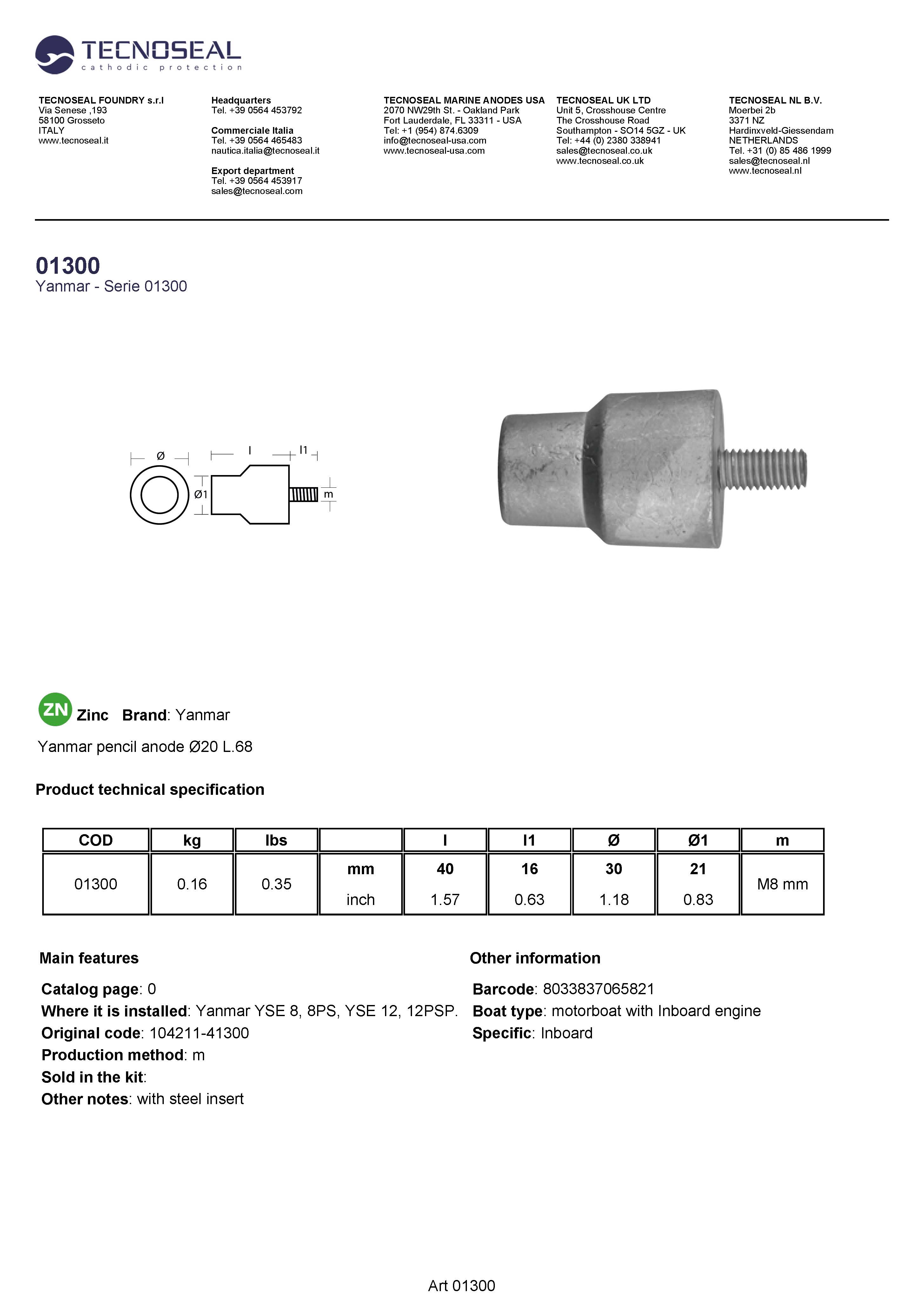 Yanmar pencil anode &Oslash;30 L.40 - 01300 1 - 01300