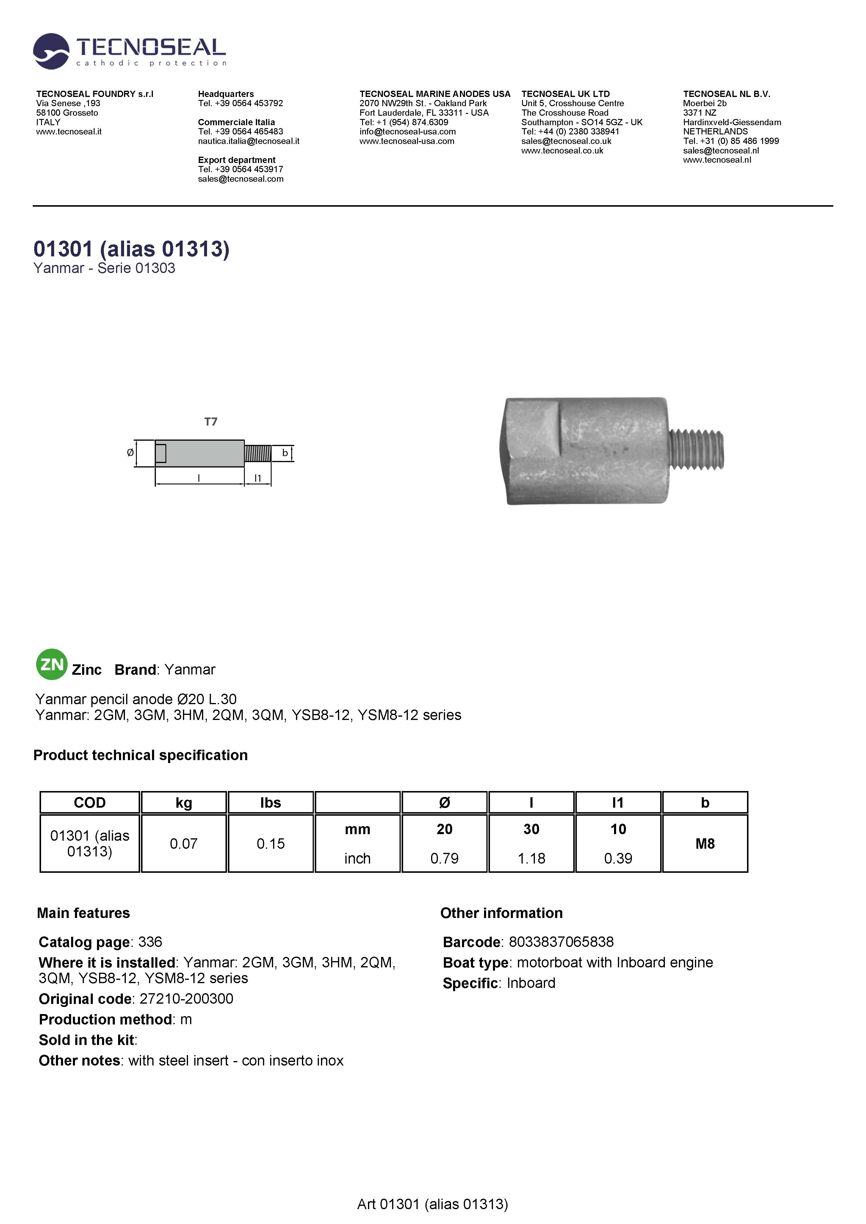 Yanmar pencil anode &Oslash;20 L.30 - 01301 1 - 01301