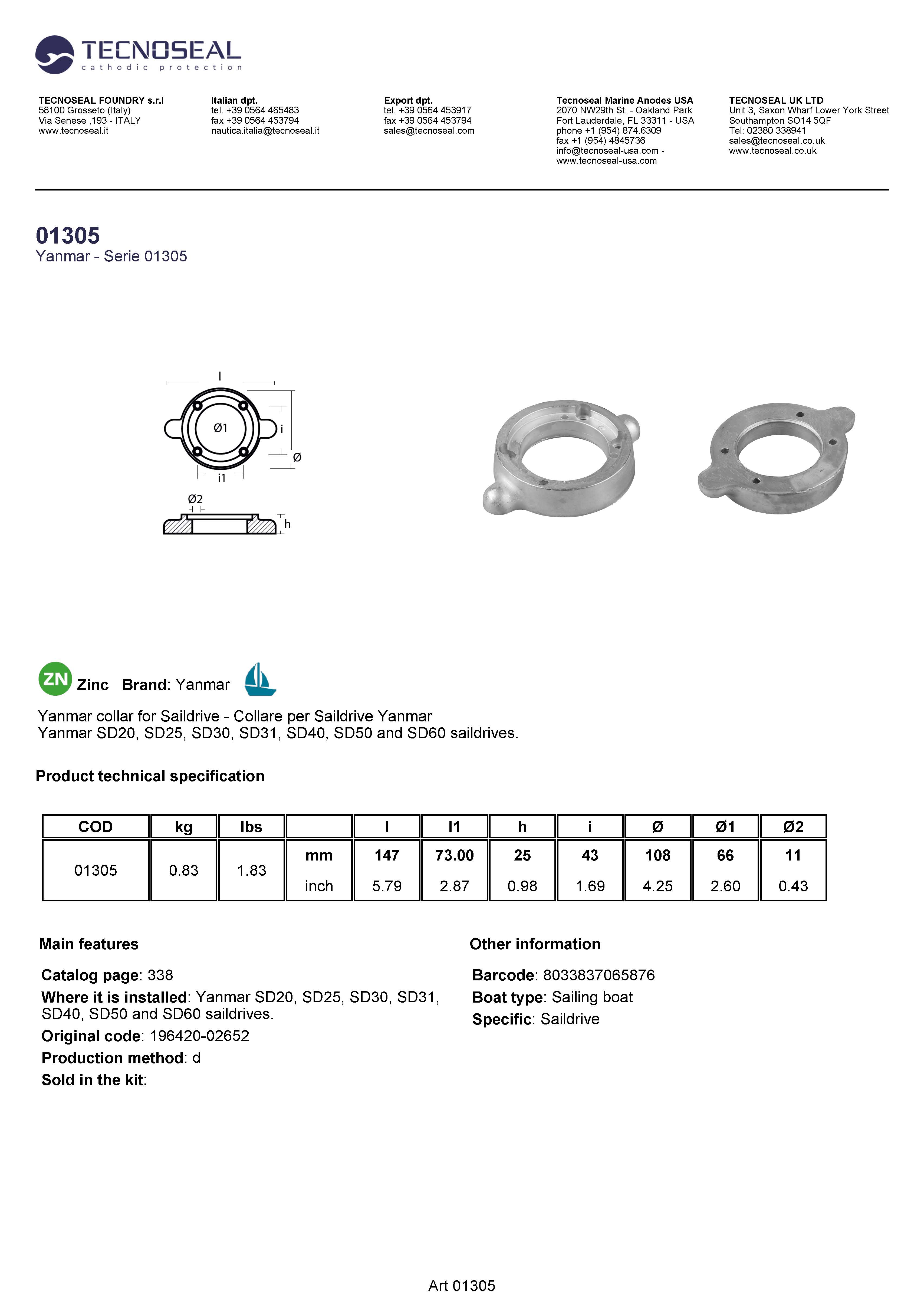 Yanmar collar for Saildrive SD 20-30-40-50-60 - 01305 - 01305