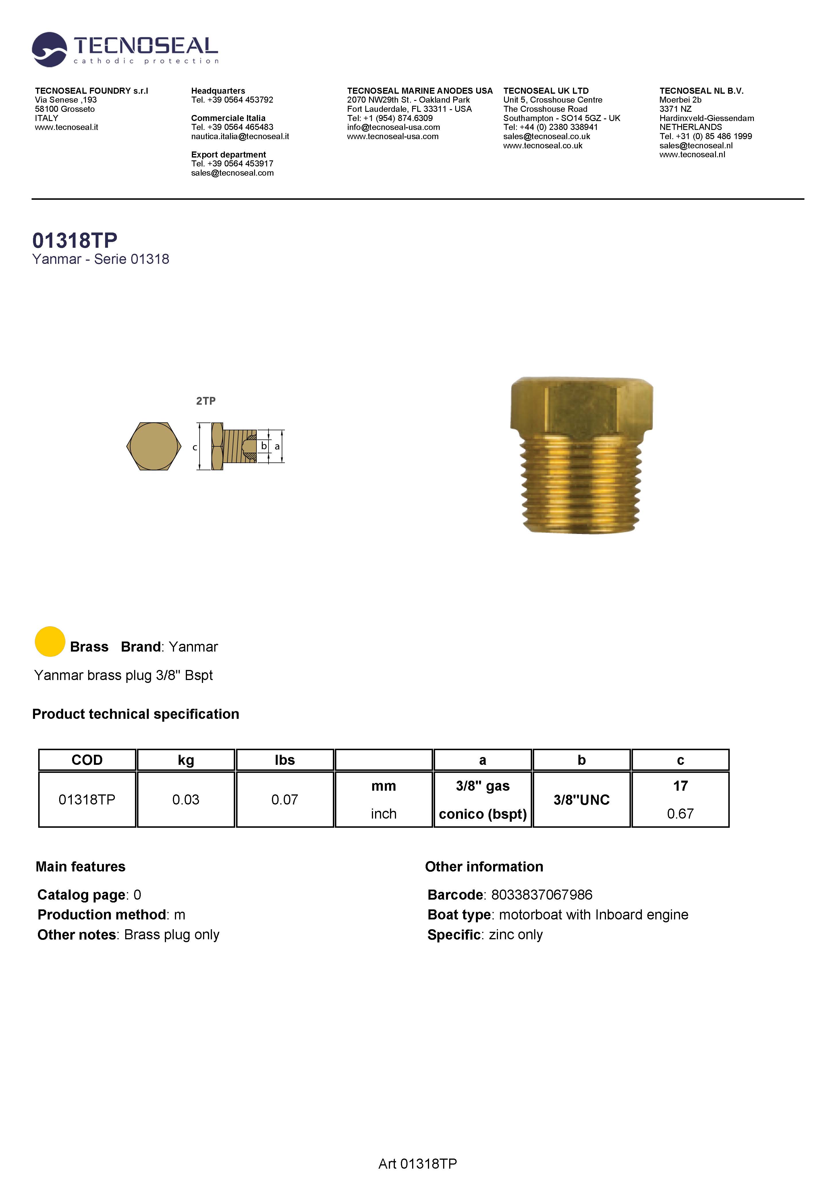 Yanmar brass plug 3/8'' Bspt - 01318tp alias 01316tp - 01318TP