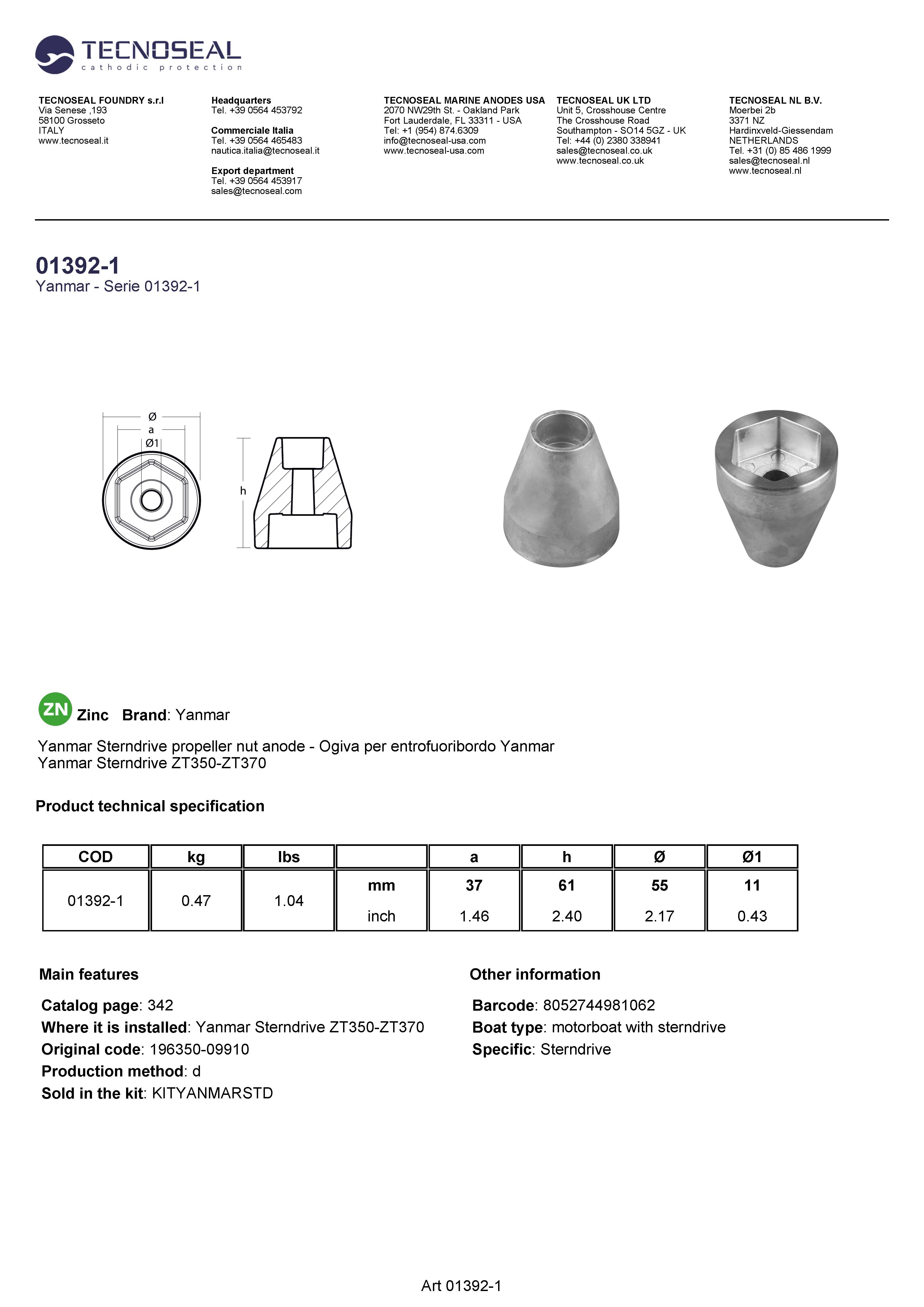 Yanmar Sterndrive propeller nut - 01392 1 - 01392-1