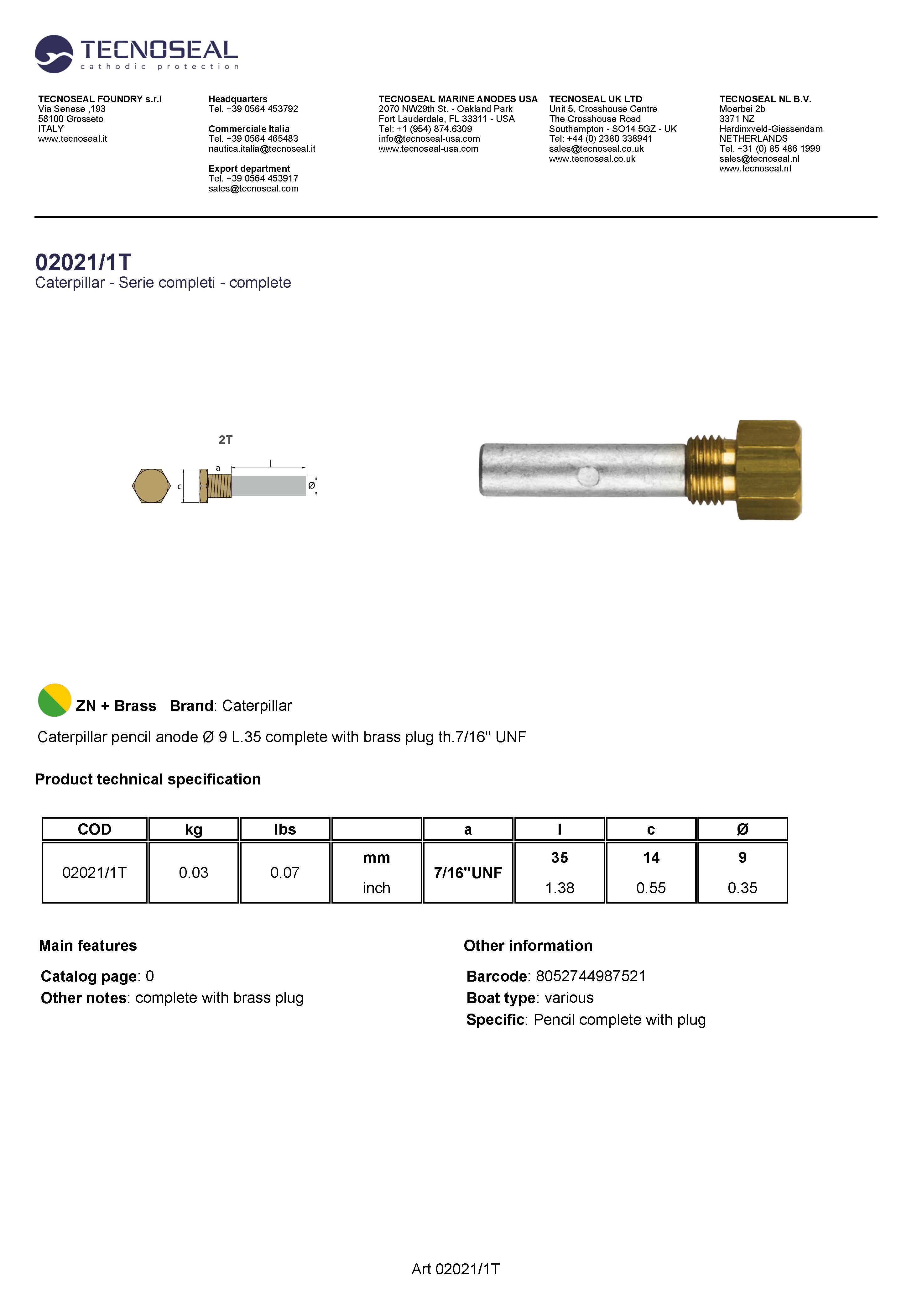 Caterpillar pencil anode &Oslash; 9 L.35  plug th.7/16'' UNF - 020211t - 02021/1T