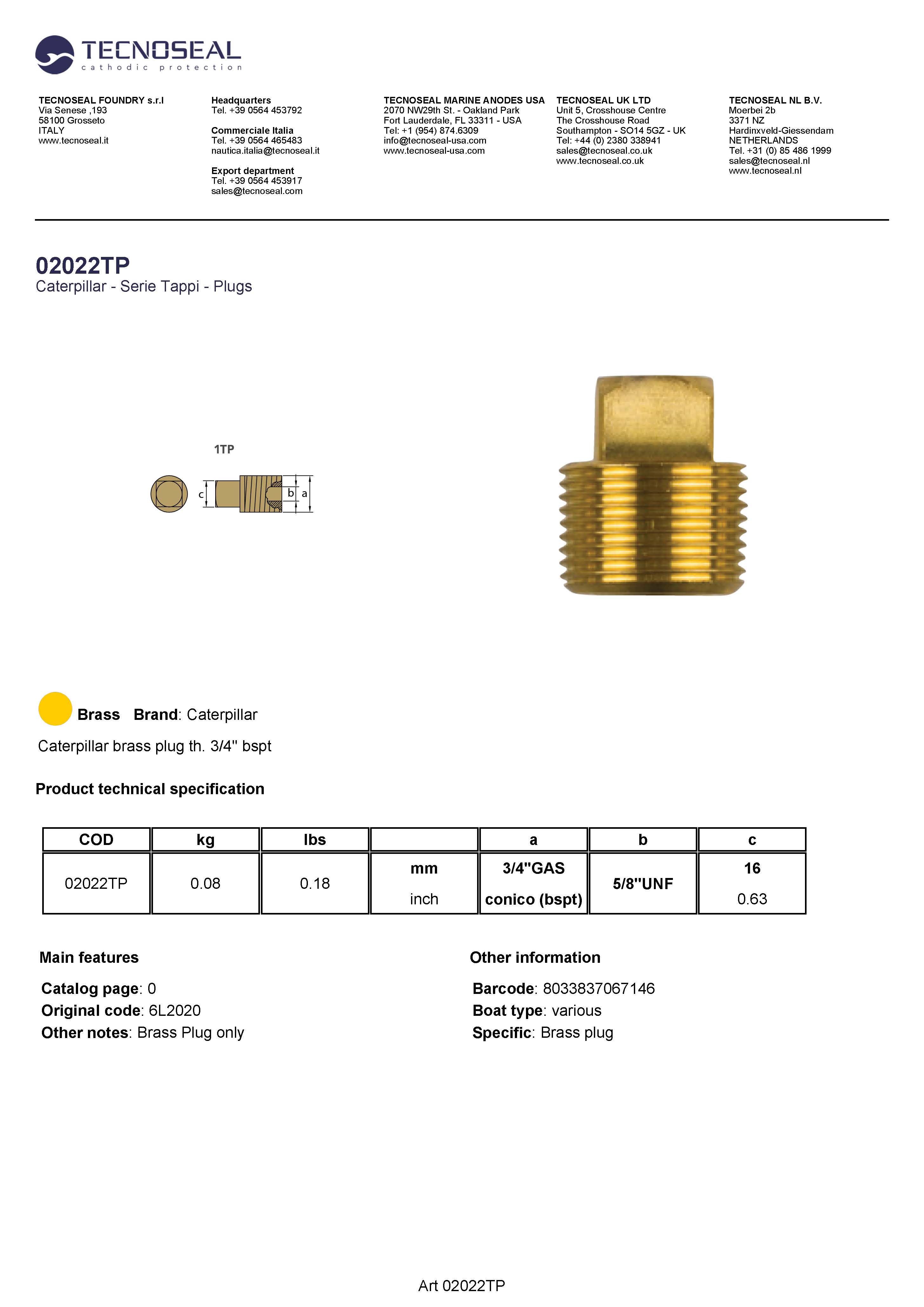 Caterpillar brass plug th. 3/4'' bspt - 02022tp 1 - 02022TP