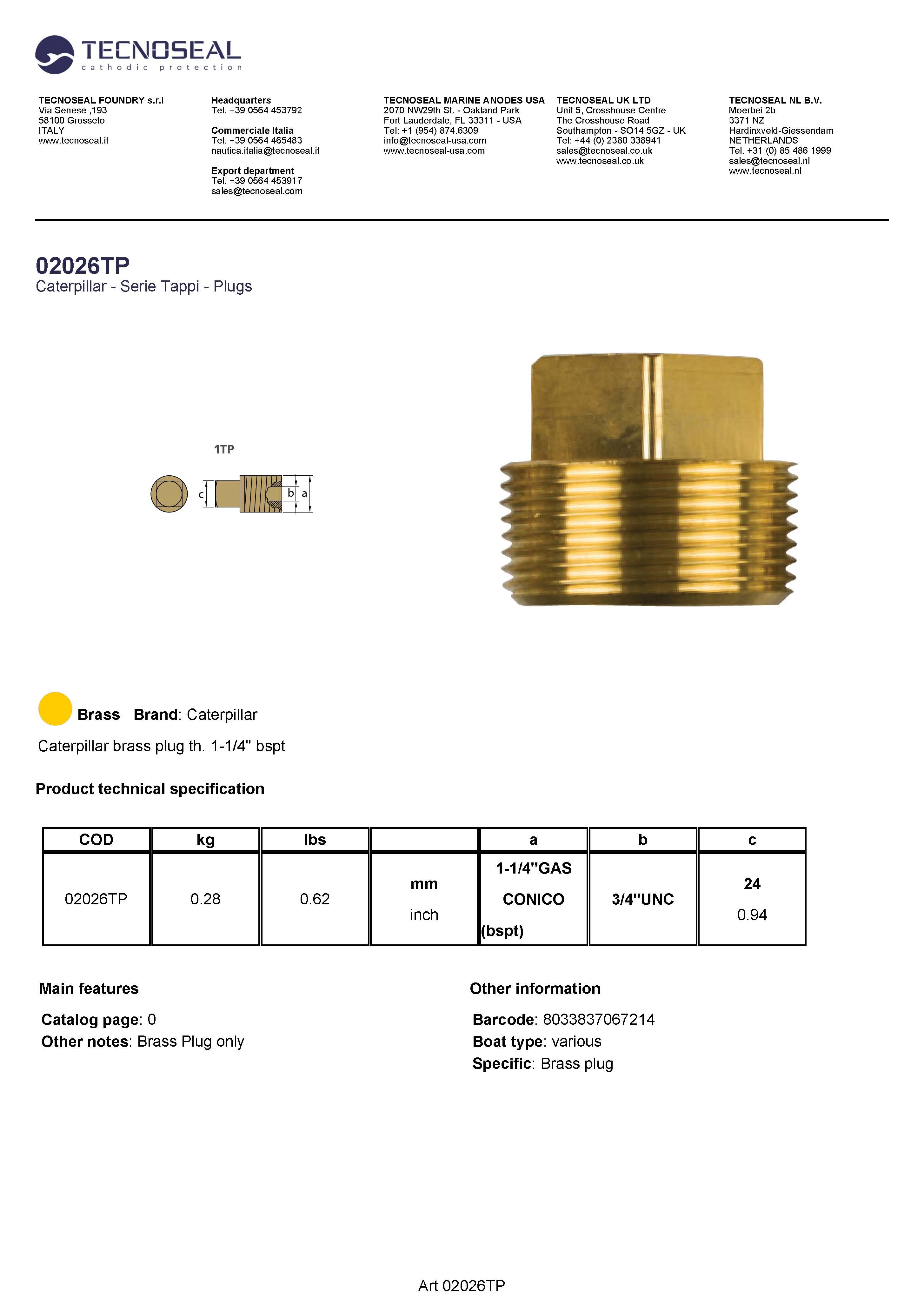 Caterpillar brass plug th. 1-1/4'' bspt - 02026tp 1 - 02026TP