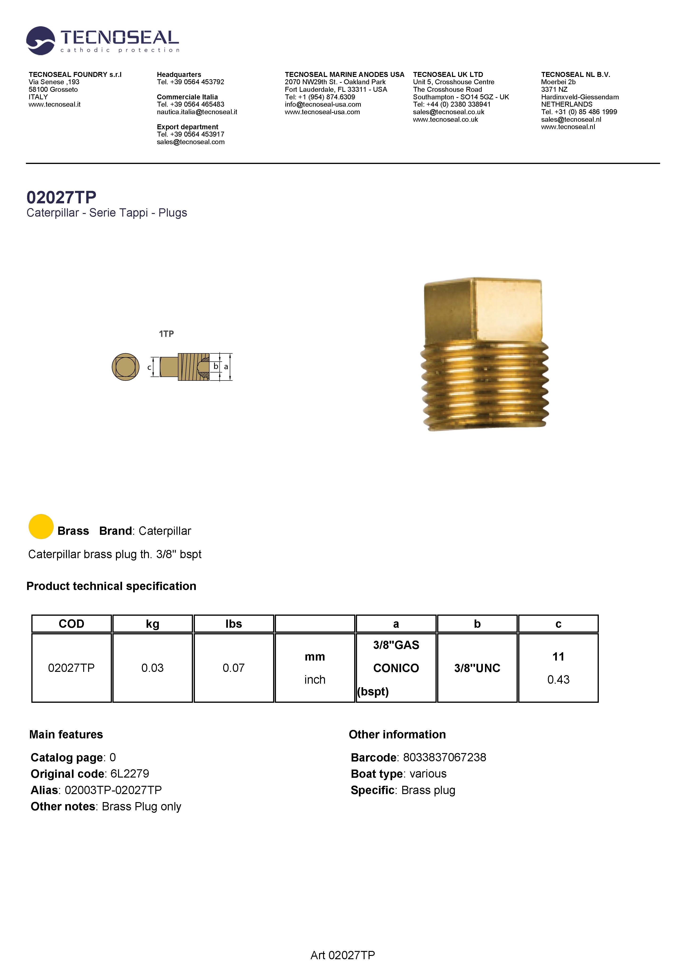 Caterpillar brass plug th. 3/8'' bspt - 02027tp 1 - 02027TP