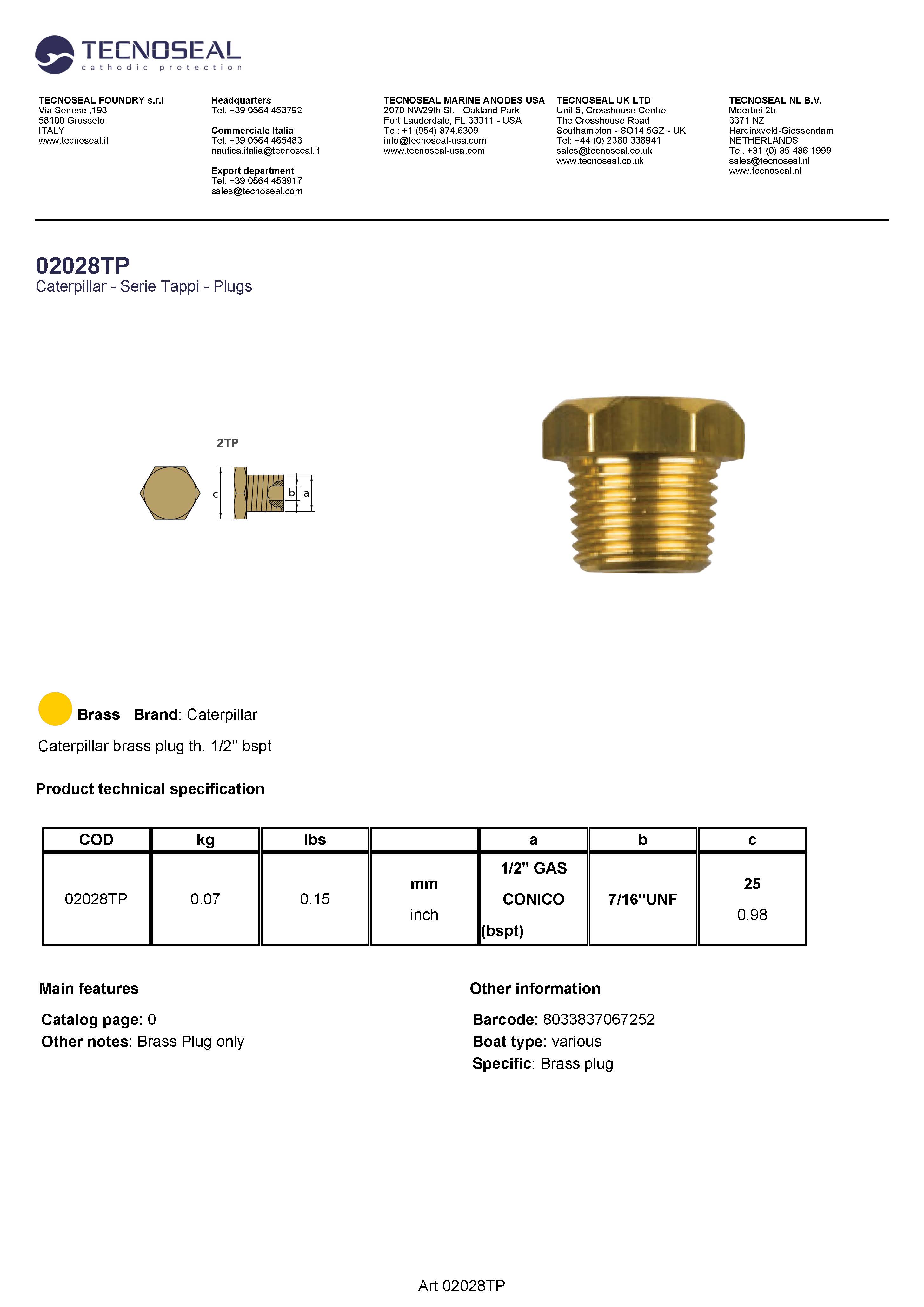 Caterpillar brass plug th. 1/2'' bspt - 02028tp 1 - 02028TP