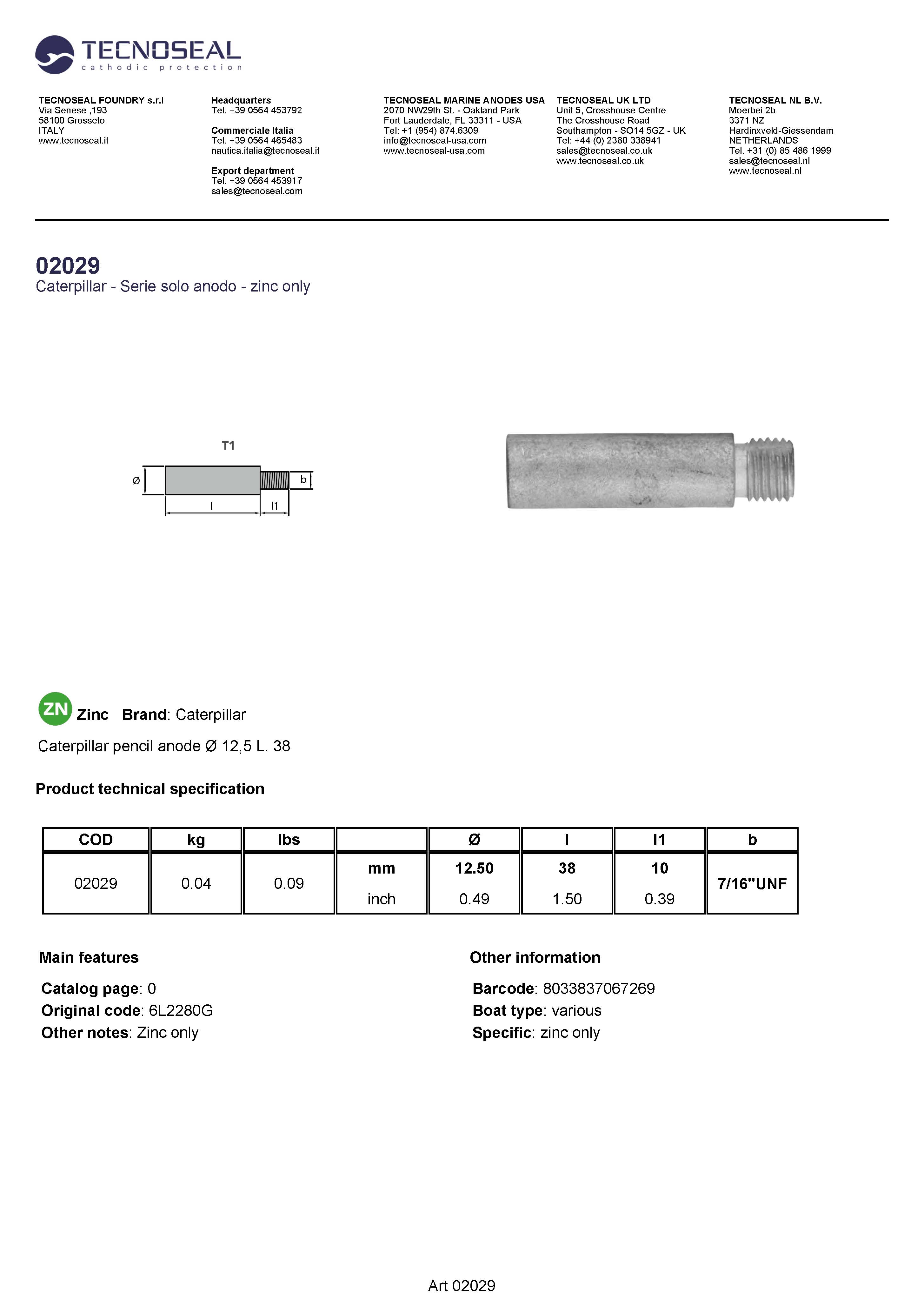 Caterpillar  pencil anode  &Oslash; 12,5 L. 38 - 02029 2 - 02029