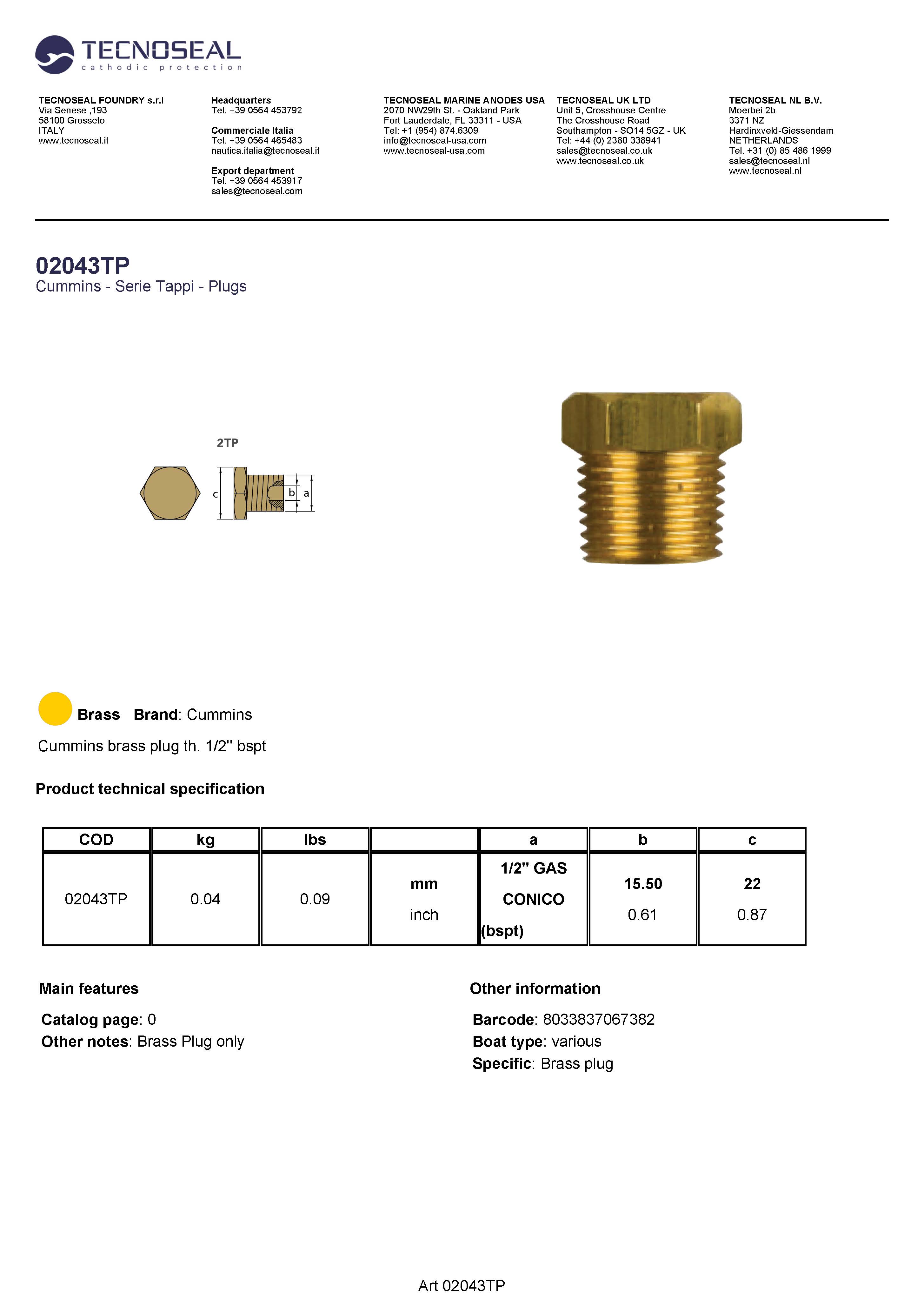 Cummins brass plug th. 1/2'' bspt - 02043tp 1 - 02043TP