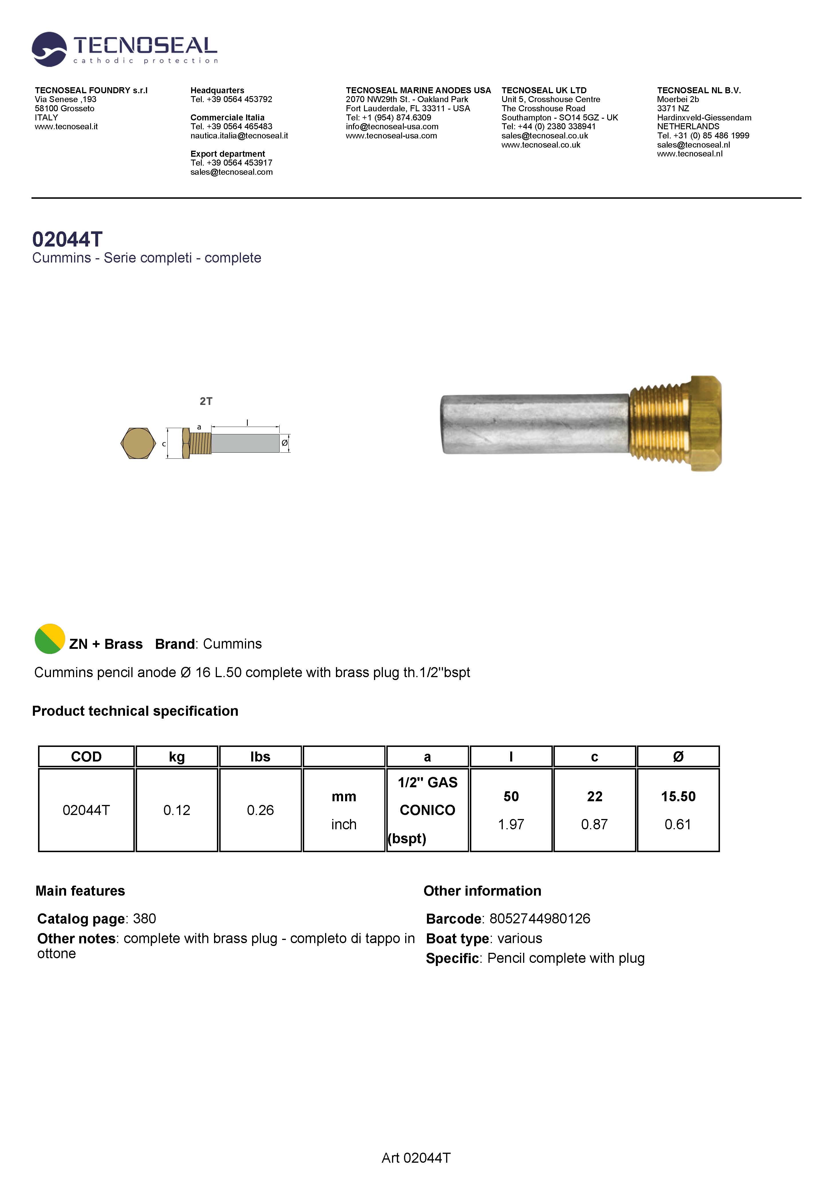 Cummins pencil anode &Oslash; 16 L.50 complete  plug th.1/2''bspt - 02044t 1 - 02044T