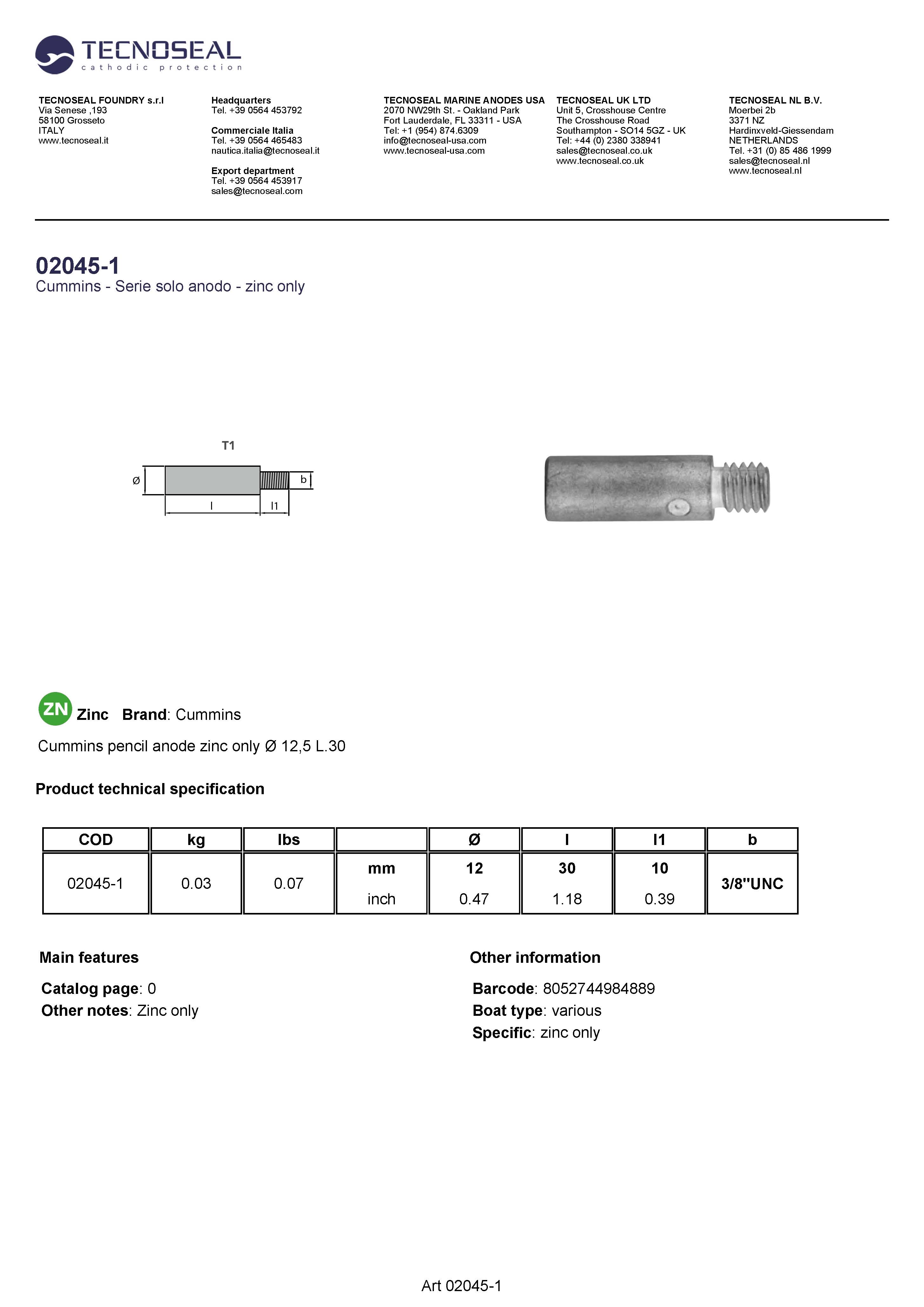 Cummins pencil anode zinc only   &Oslash; 12,5 L.30 - 02045 2 - 02045-1