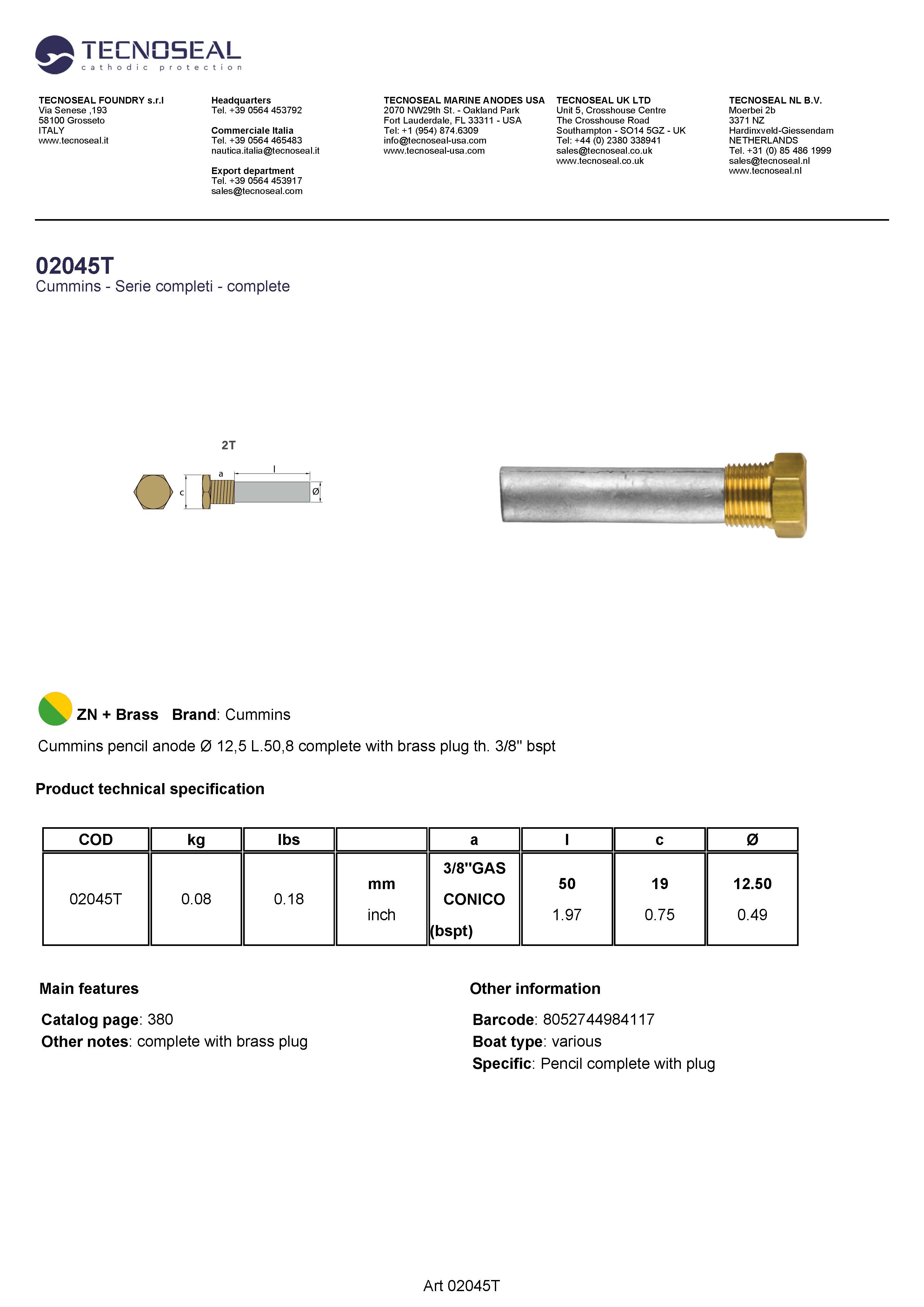 Cummins pencil anode &Oslash; 12,5 L.50,8  plug th. 1/2'' bspt - 02045t 1 - 02045T