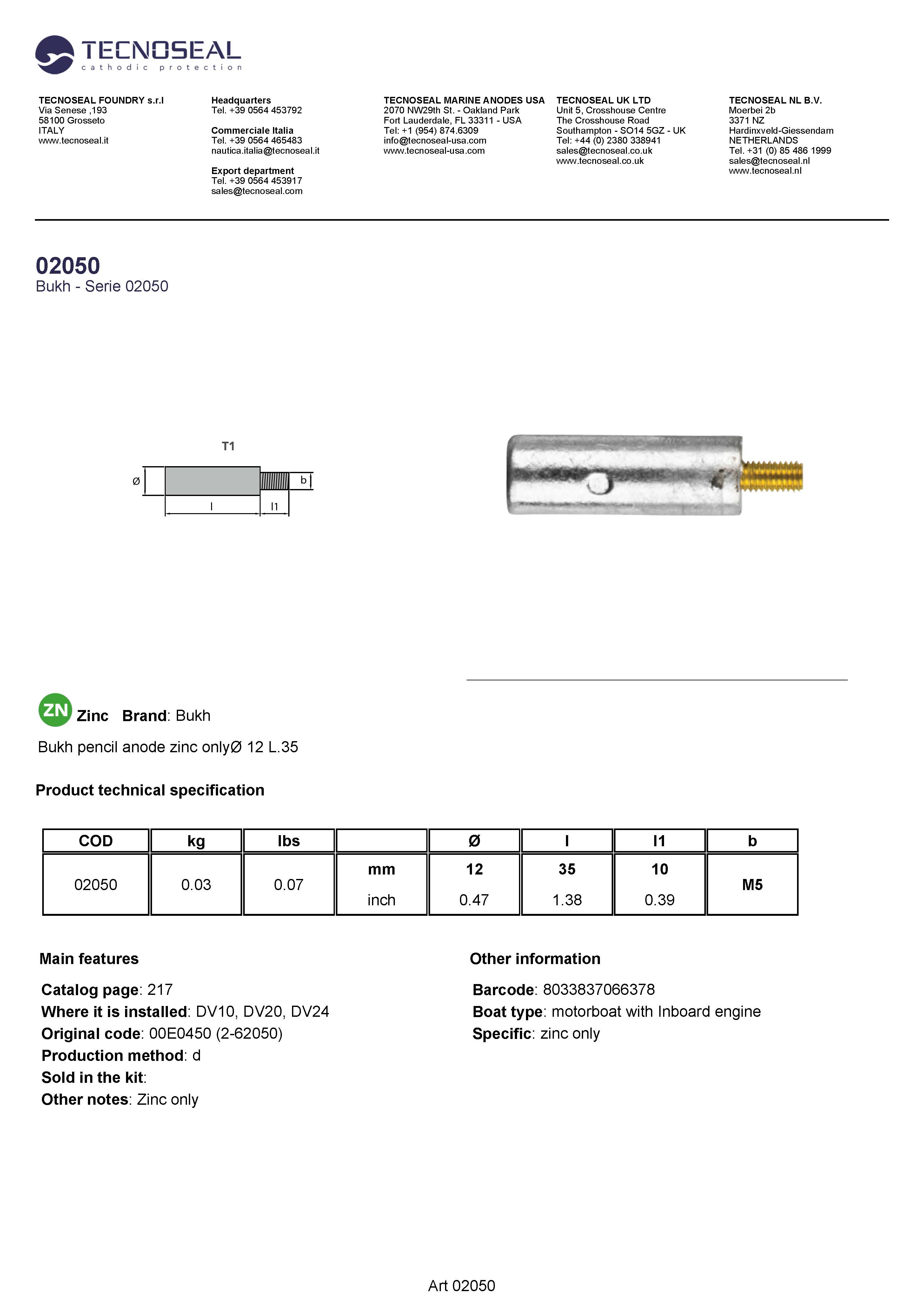 Bukh  pencil anode zinc only&Oslash; 12 L.35 - 02050 1 - 02050