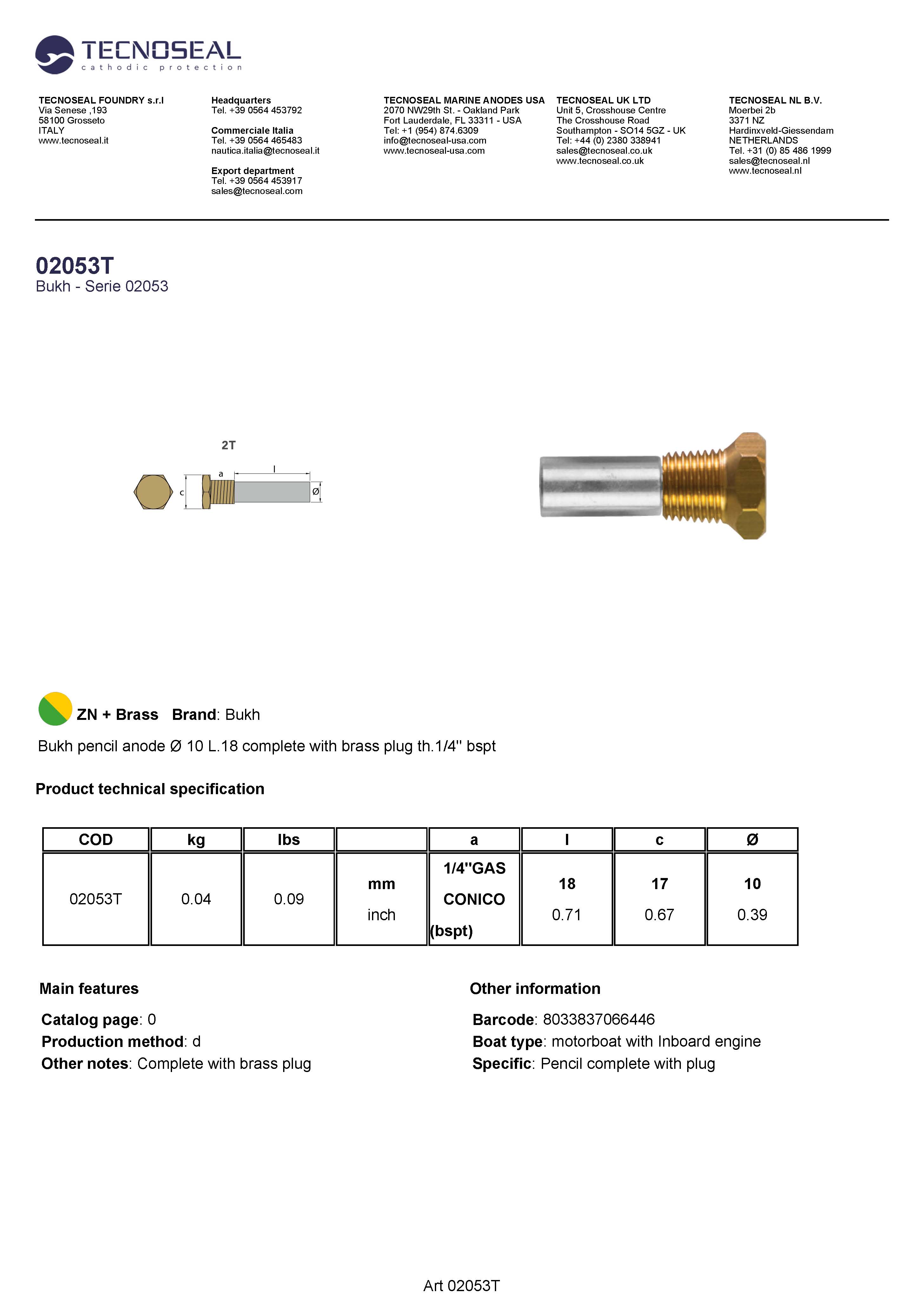 Bukh pencil anode &Oslash; 10 L.18 complete  plug th.1/4'' bspt - 02053t 1 - 02053T