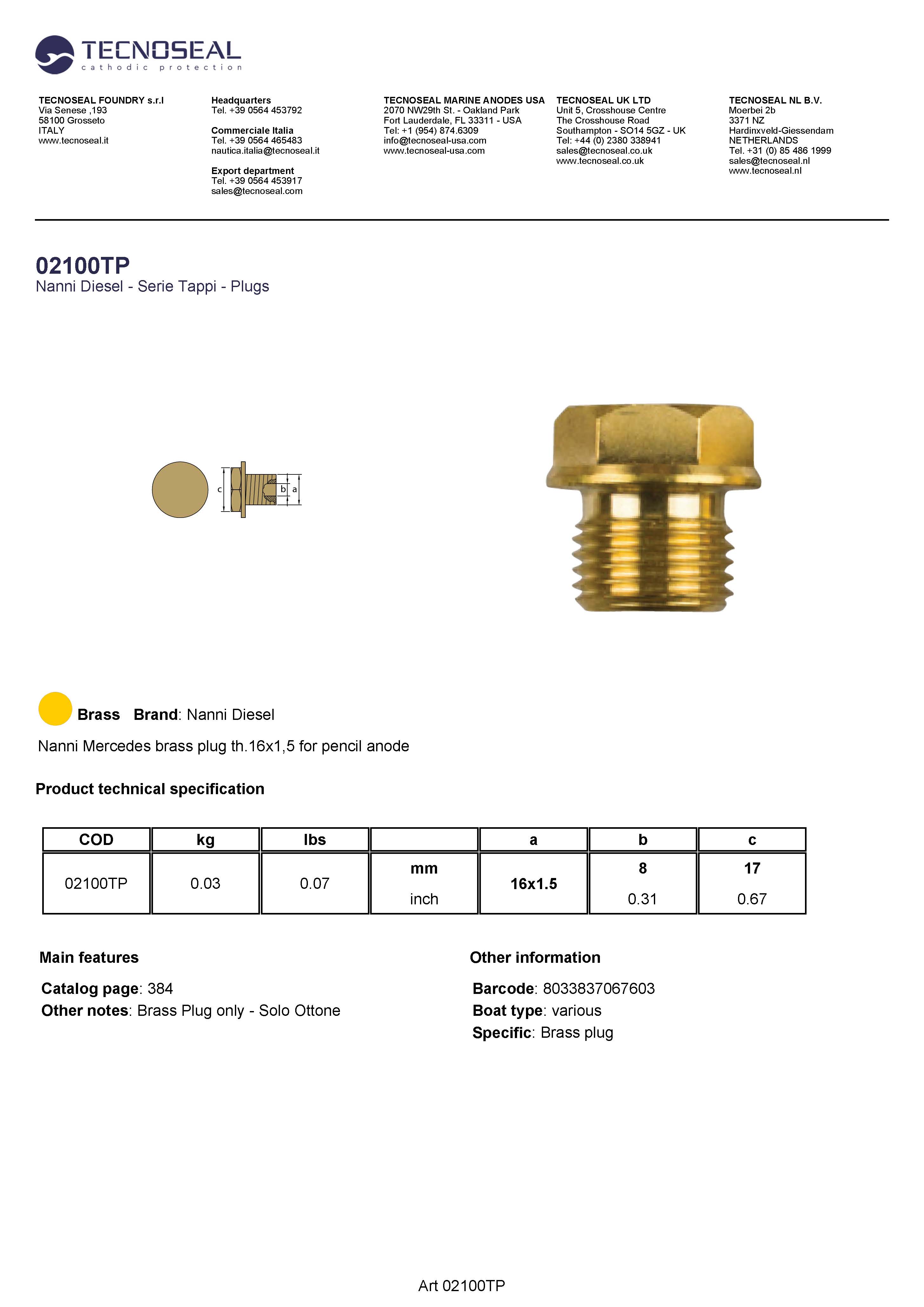 Nanni Mercedes  brass plug th.16x1,5  for pencil anode - 02100tp 1 - 02100TP
