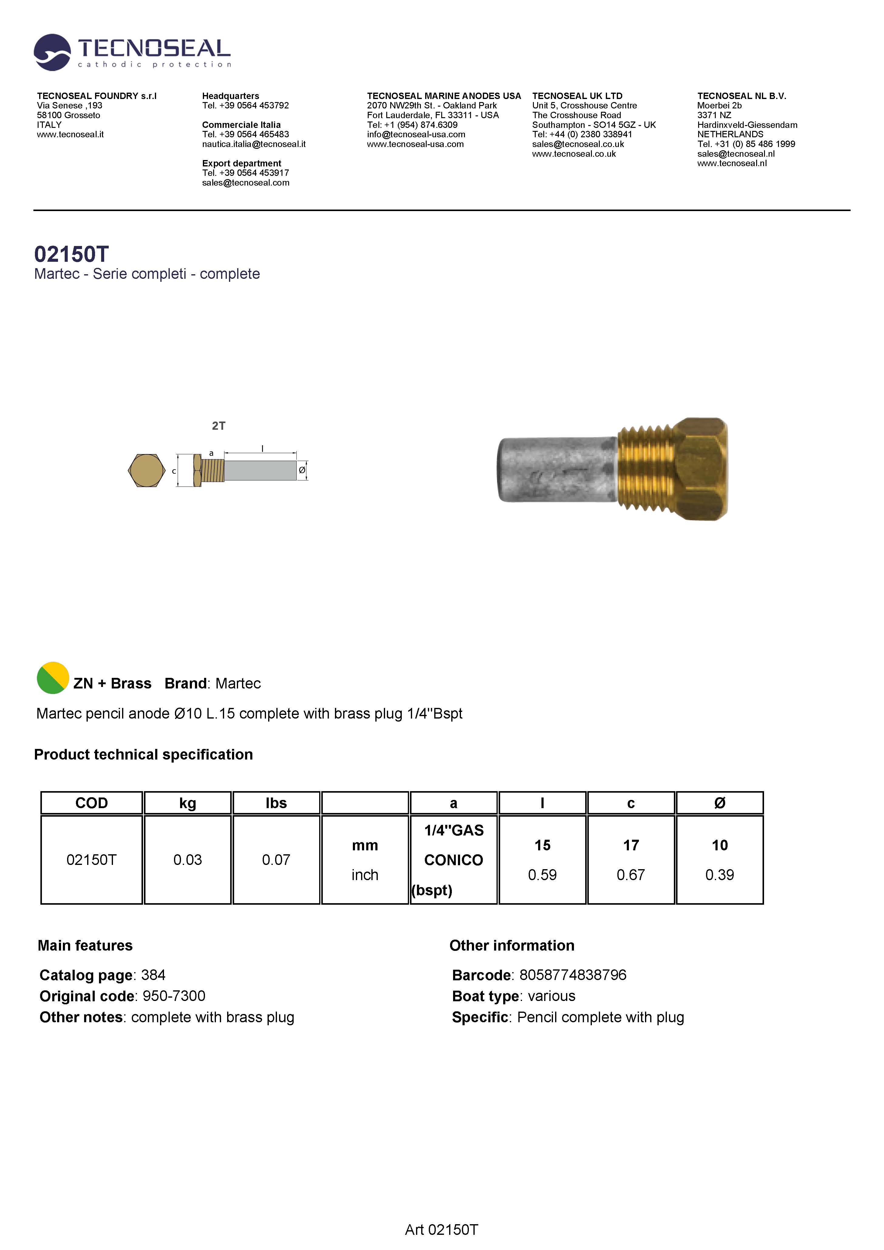 Martec pencil anode &Oslash;10 L.15 complete  plug 1/4''Bspt - 02150t 1 - 02150T