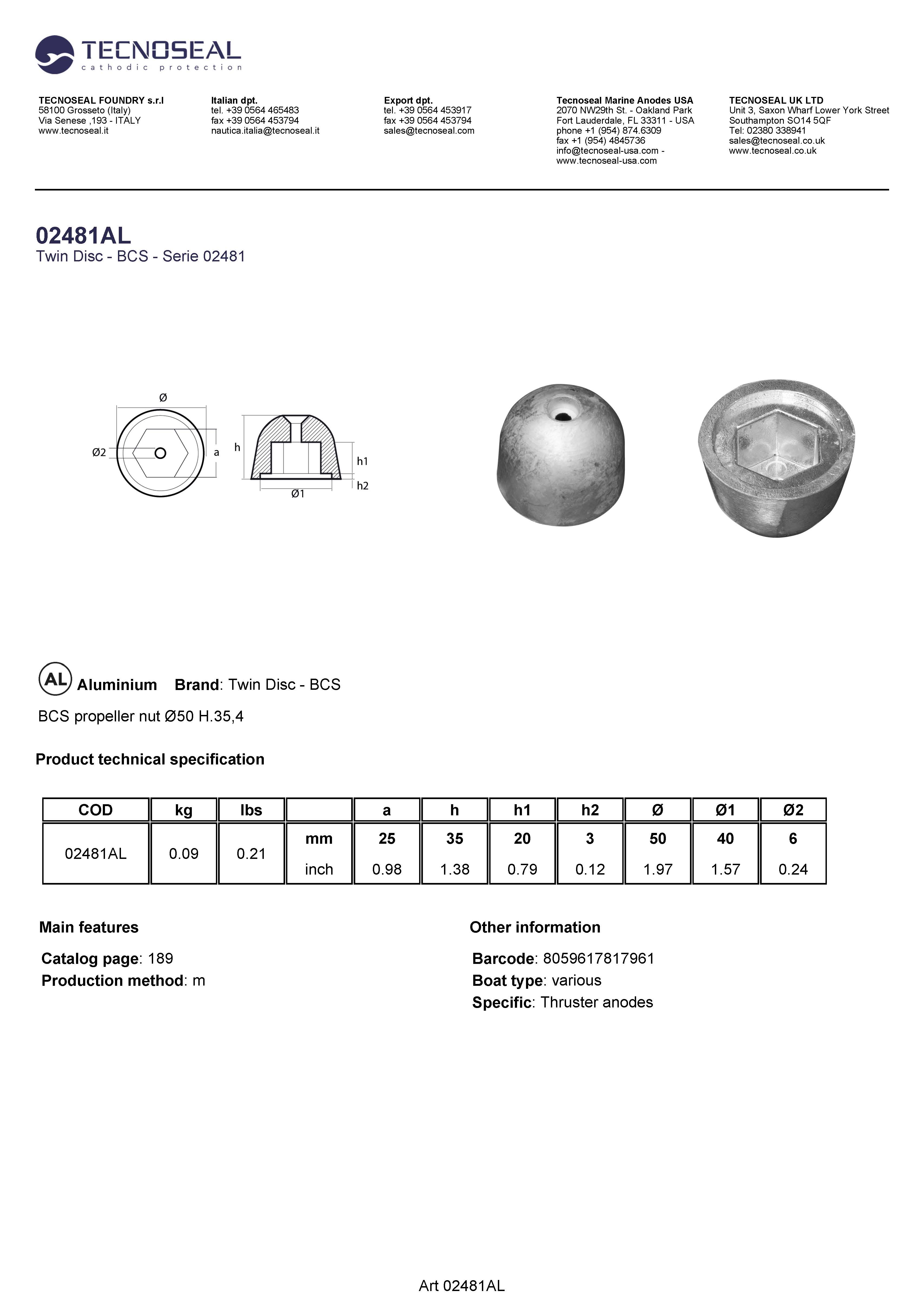 Sidepower - Sleipner propeller nut &Oslash;50 H.35,4 - 02481al - 02481AL