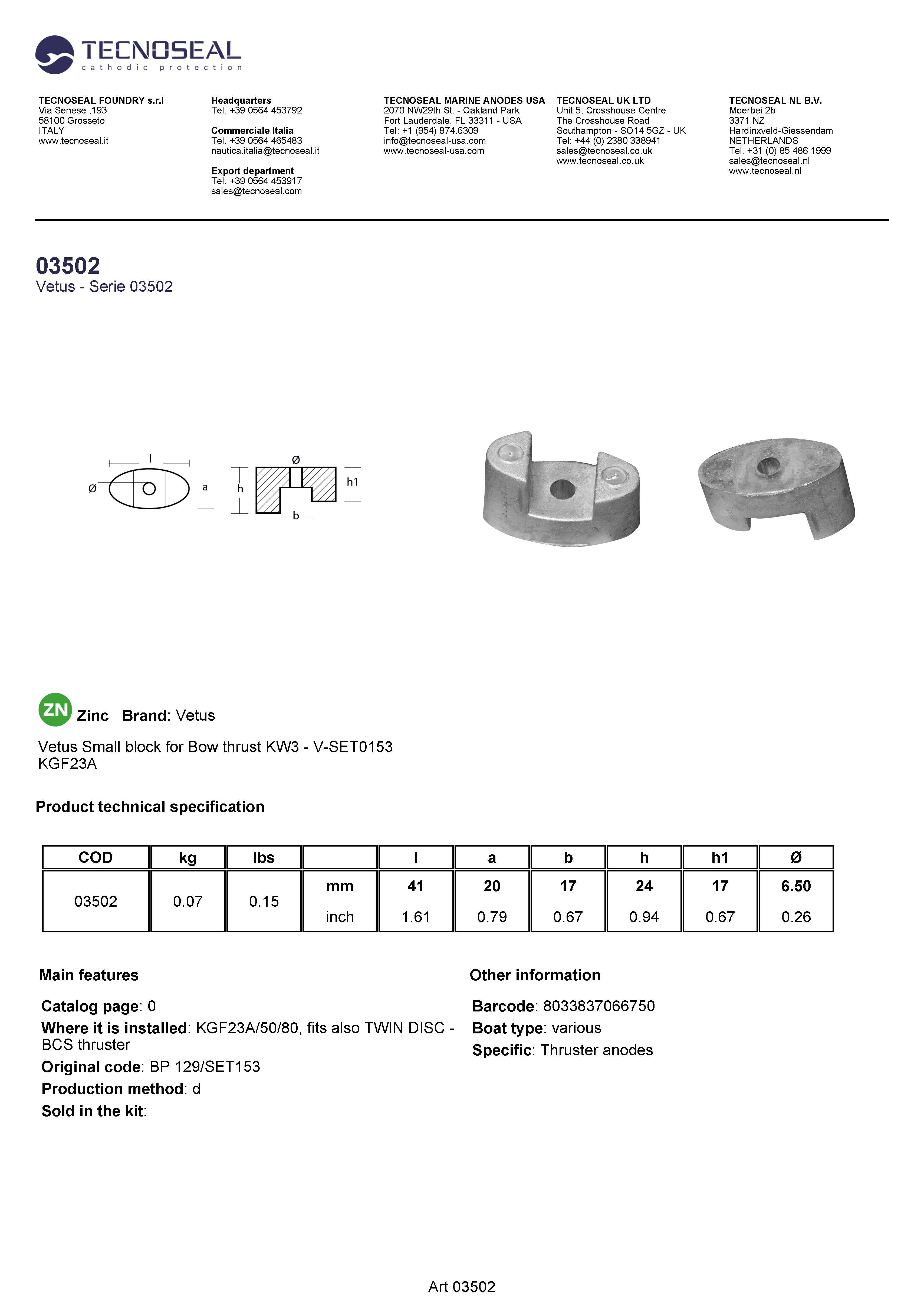 Vetus Small block for Bow thrust KW3 - V-SET0153 - 03502 - 03502