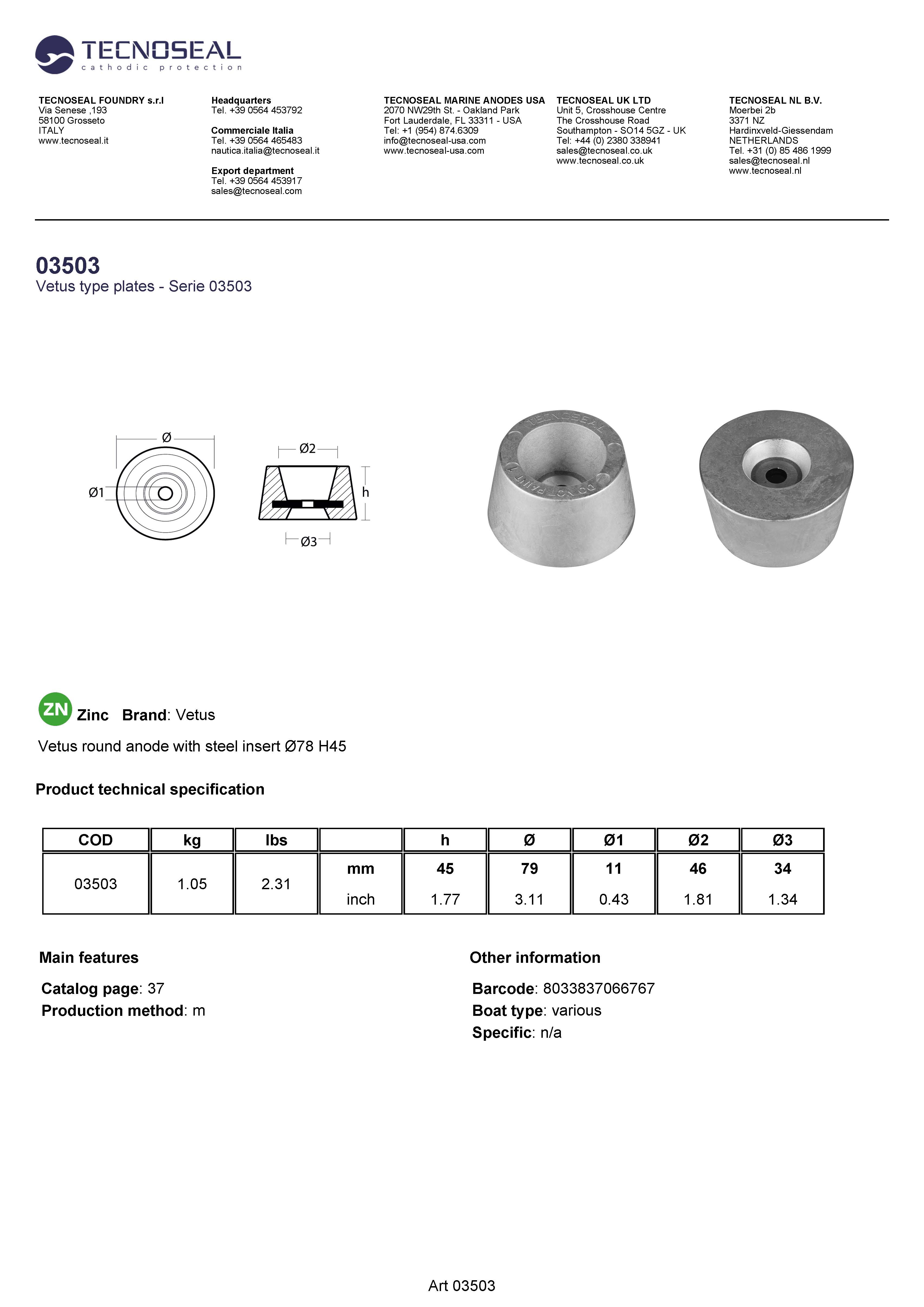 Vetus round anode with steel insert &Oslash;78 H45 - 03503 - 03503