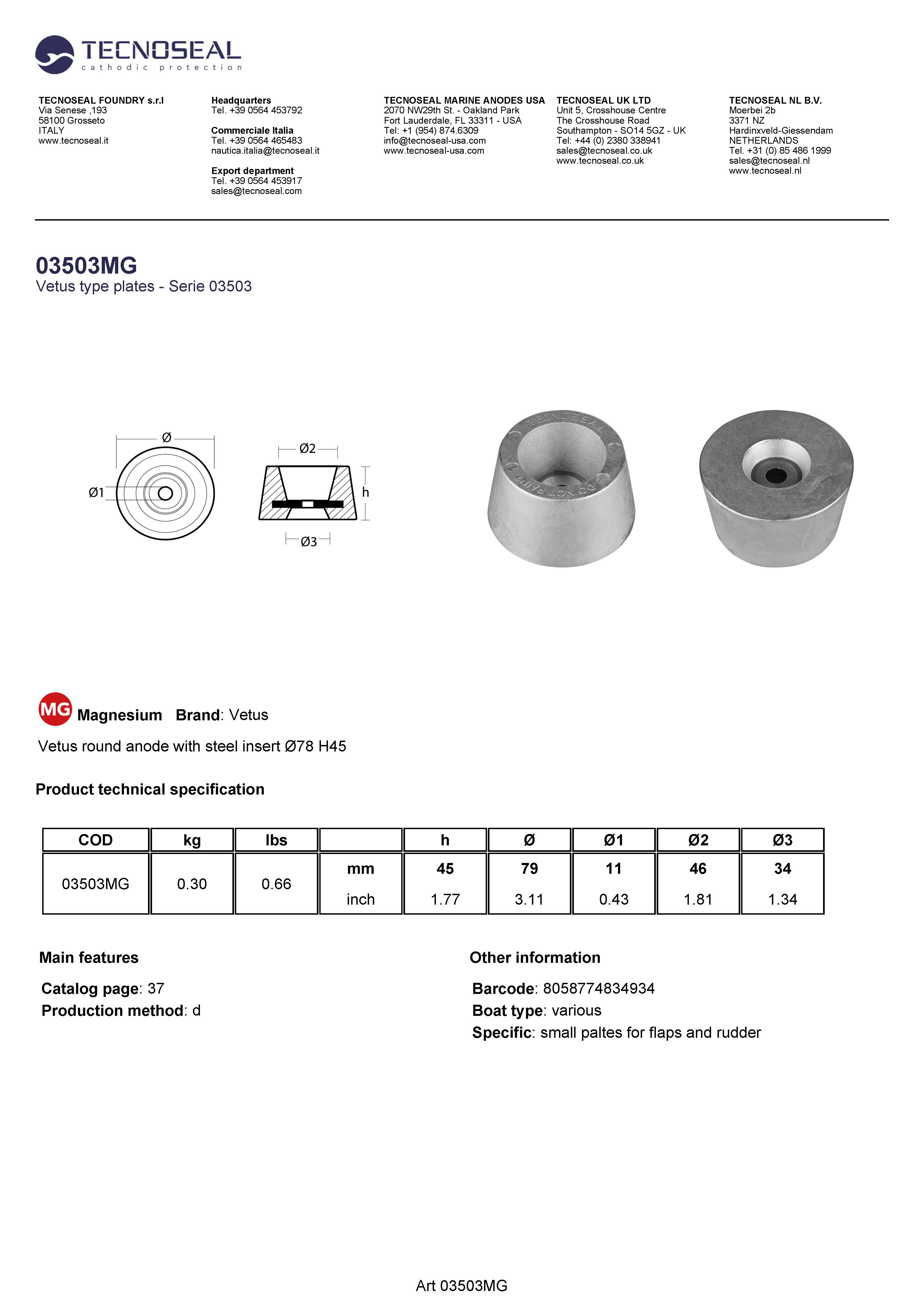 Vetus round anode with steel insert &Oslash;78 H45 - 03503mg - 03503MG