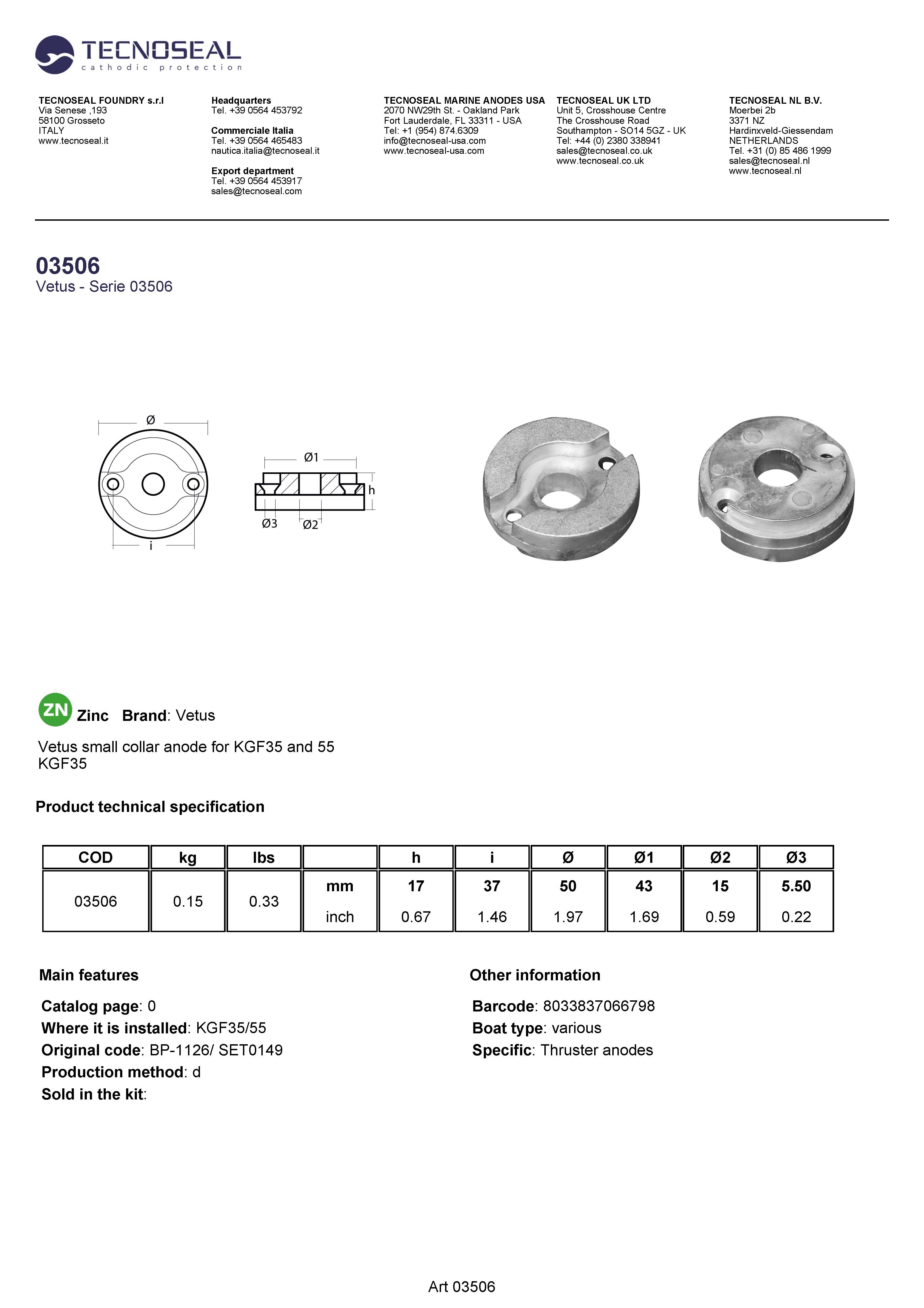 Vetus small collar anode for KGF35 and 55 - 03506 - 03506