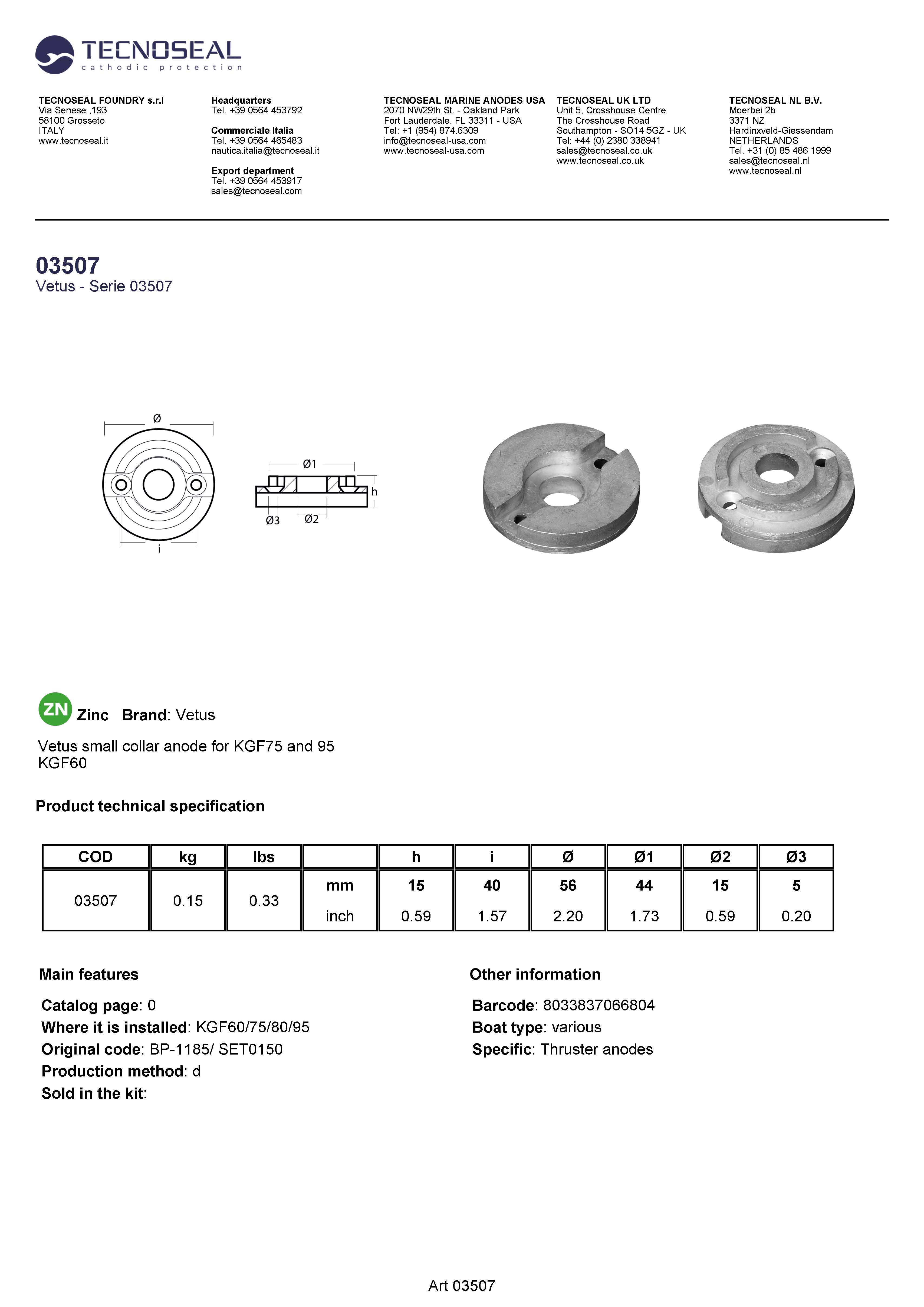 Vetus small collar anode for KGF75 and 95 - 03507 - 03507