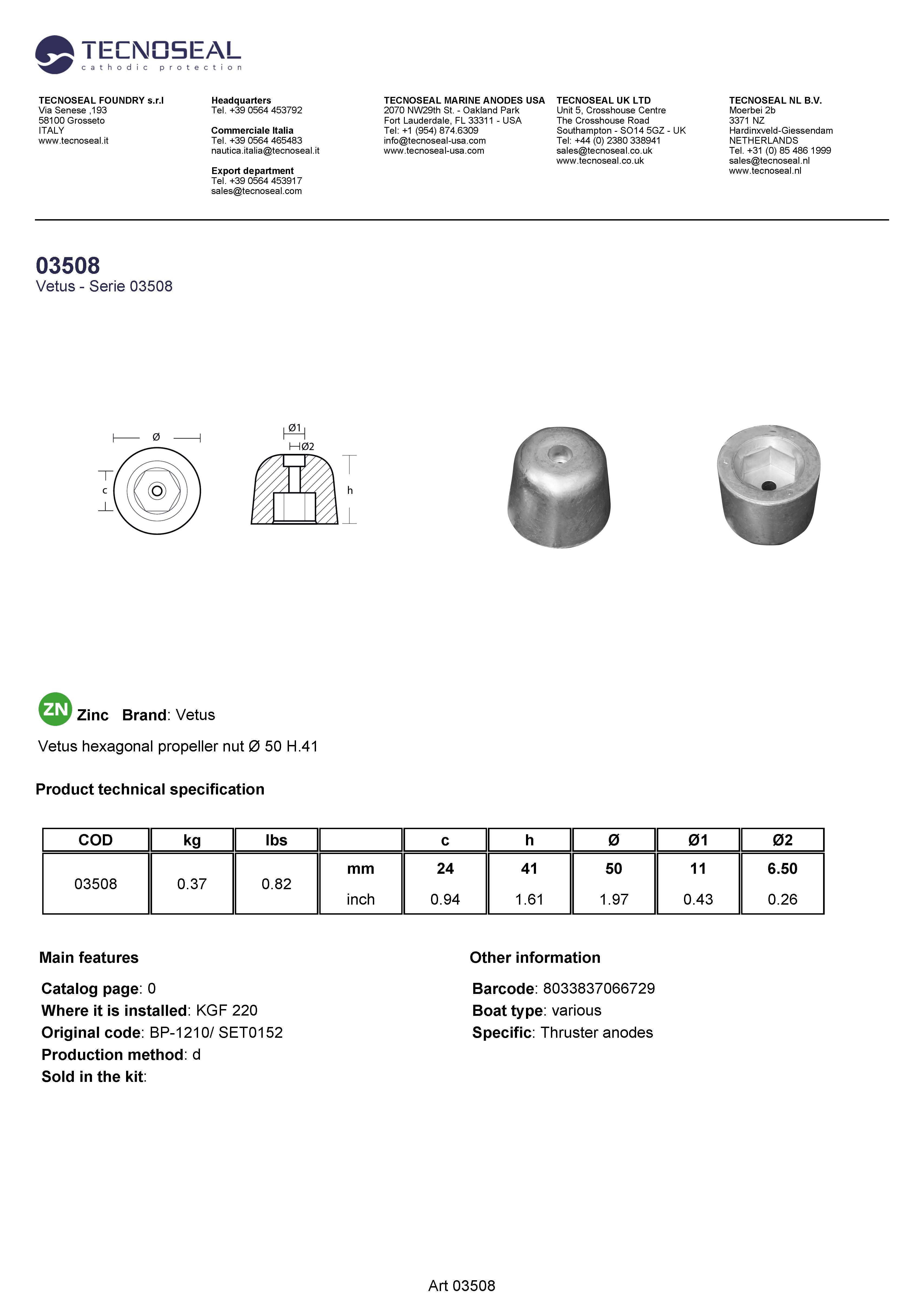 Vetus hexagonal propeller nut &Oslash; 50 H.41 - 03508 1 - 03508