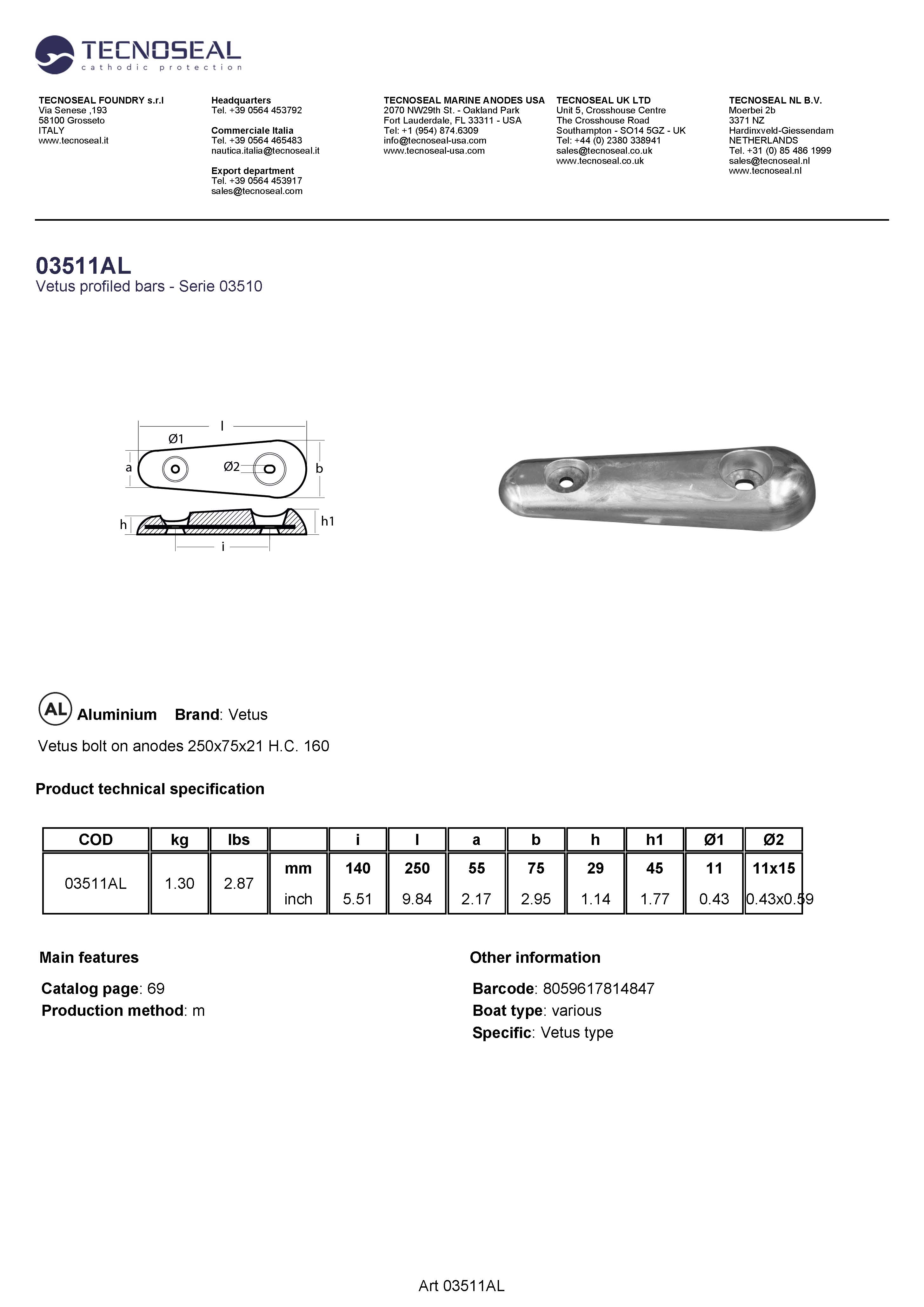 Vetus bolt on anodes  250x75x21 H.C. 140 - 03511al - 03511AL