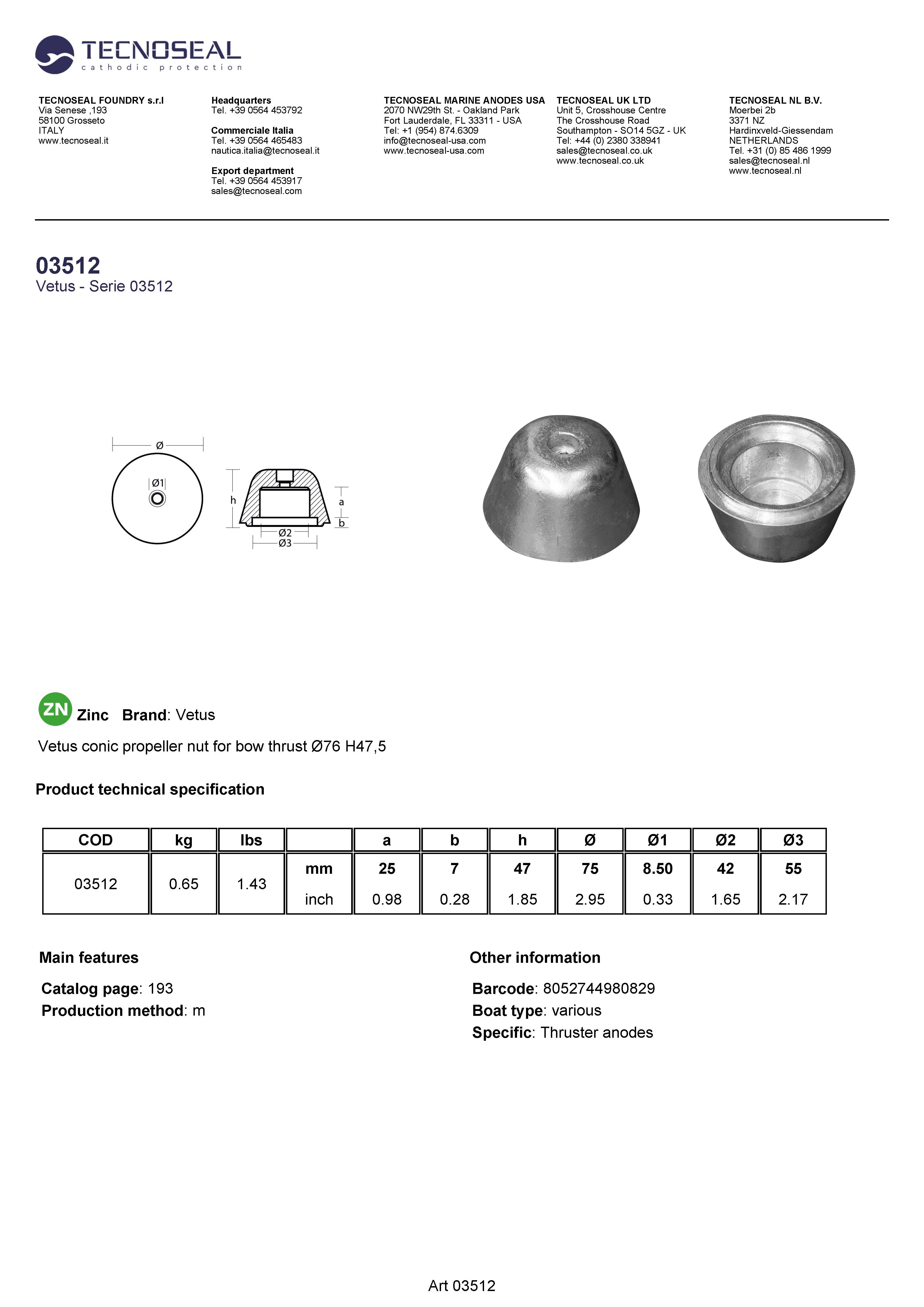 Vetus conic propeller nut for bow thrust &Oslash;76 H47,5 - 03512 - 03512