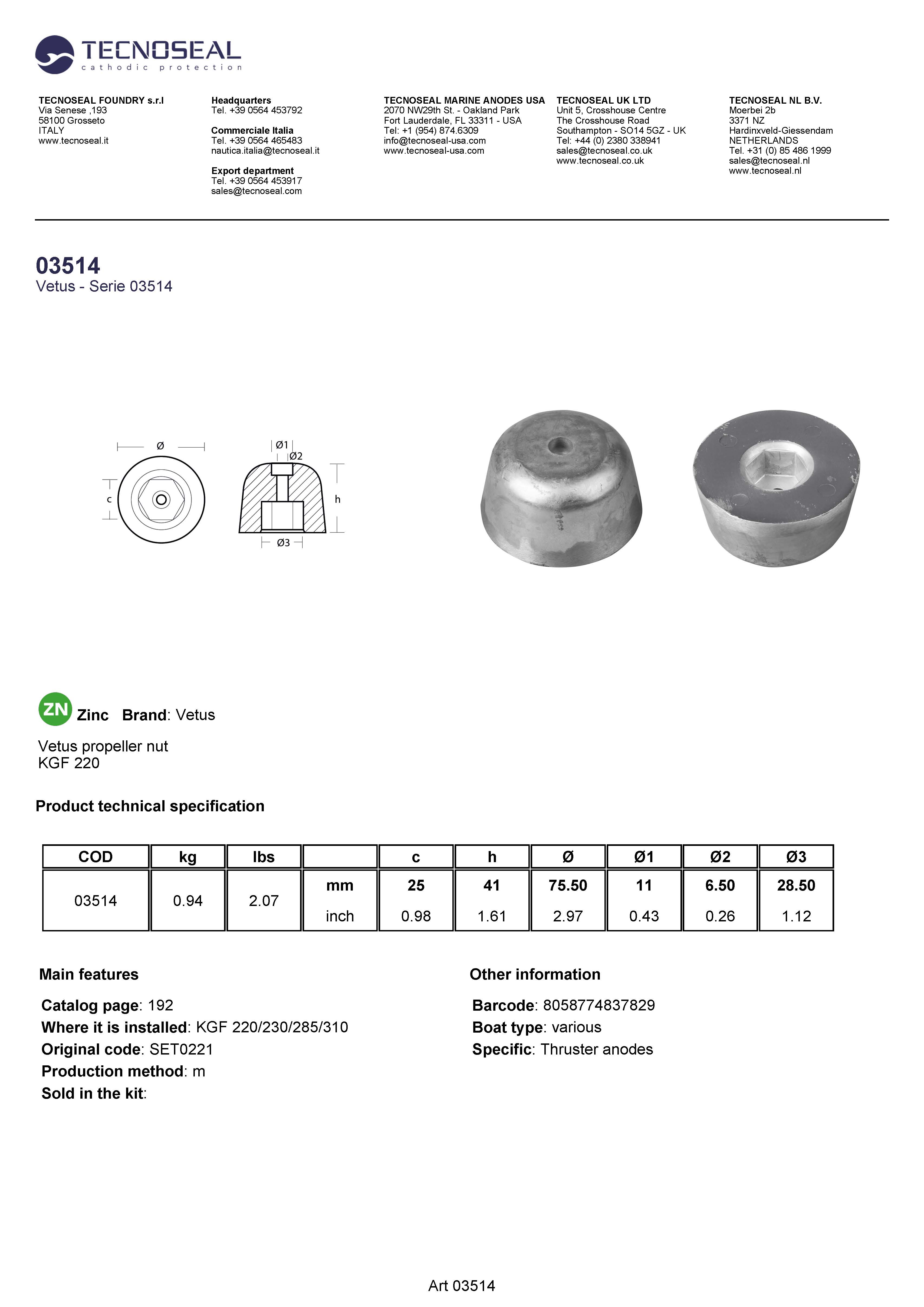 Vetus propeller nut - Ogiva Vetus - 03514 - 03514