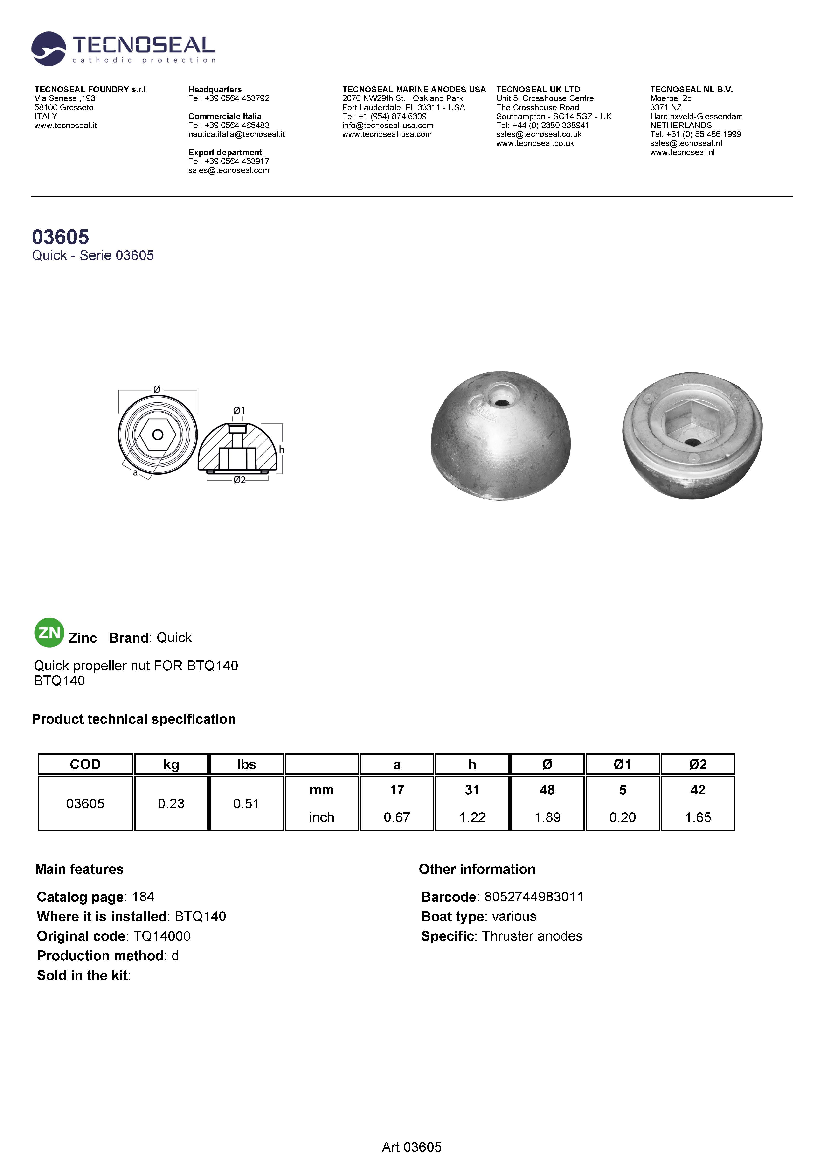 Quick propeller nut FOR BTQ140 - 03605 - 03605