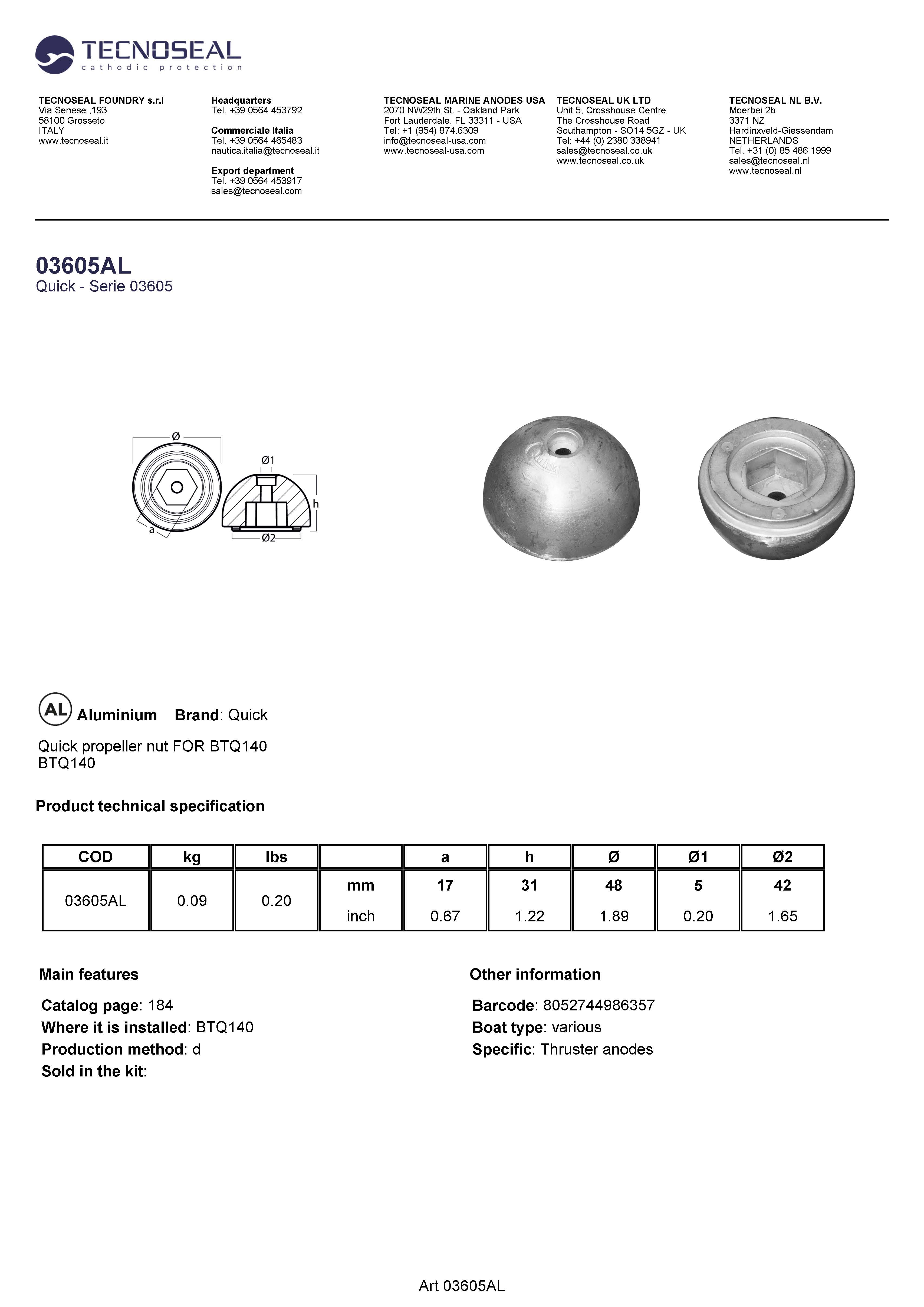 Quick propeller nut FOR BTQ140 - 03605al - 03605AL