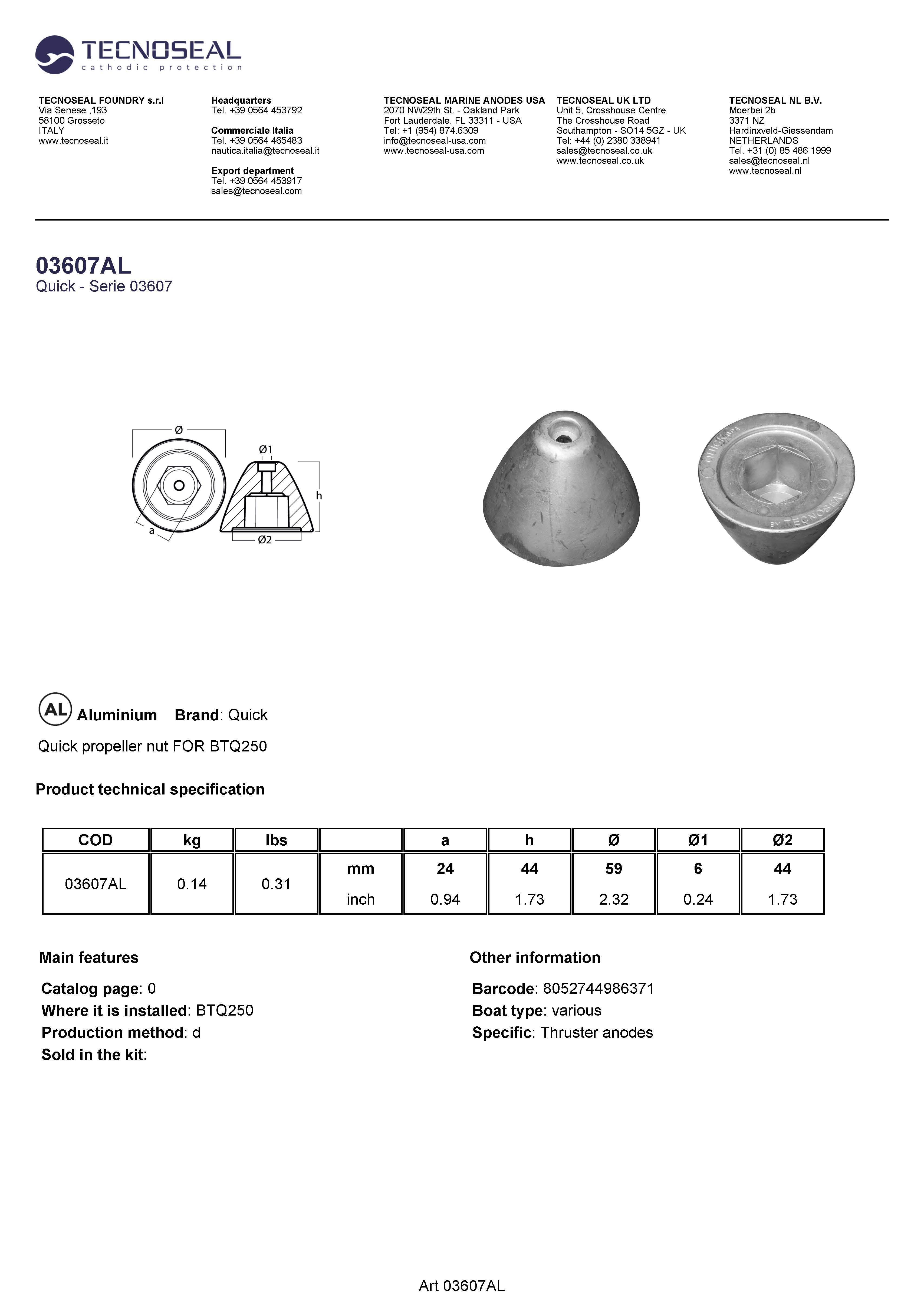 Quick propeller nut FOR BTQ250 - 03607al - 03607AL
