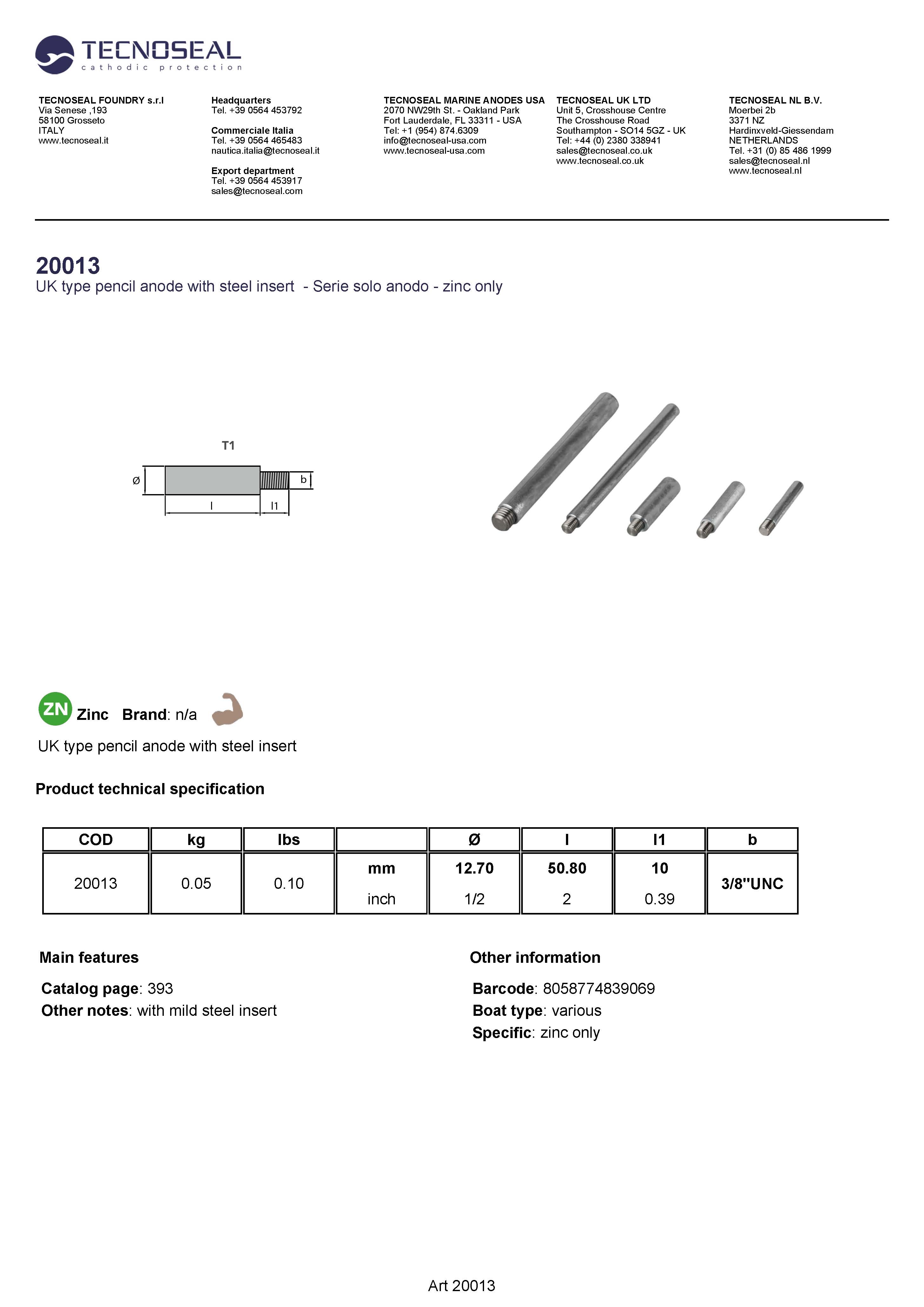 UK type pencil anode with steel insert - 20013 - 20013