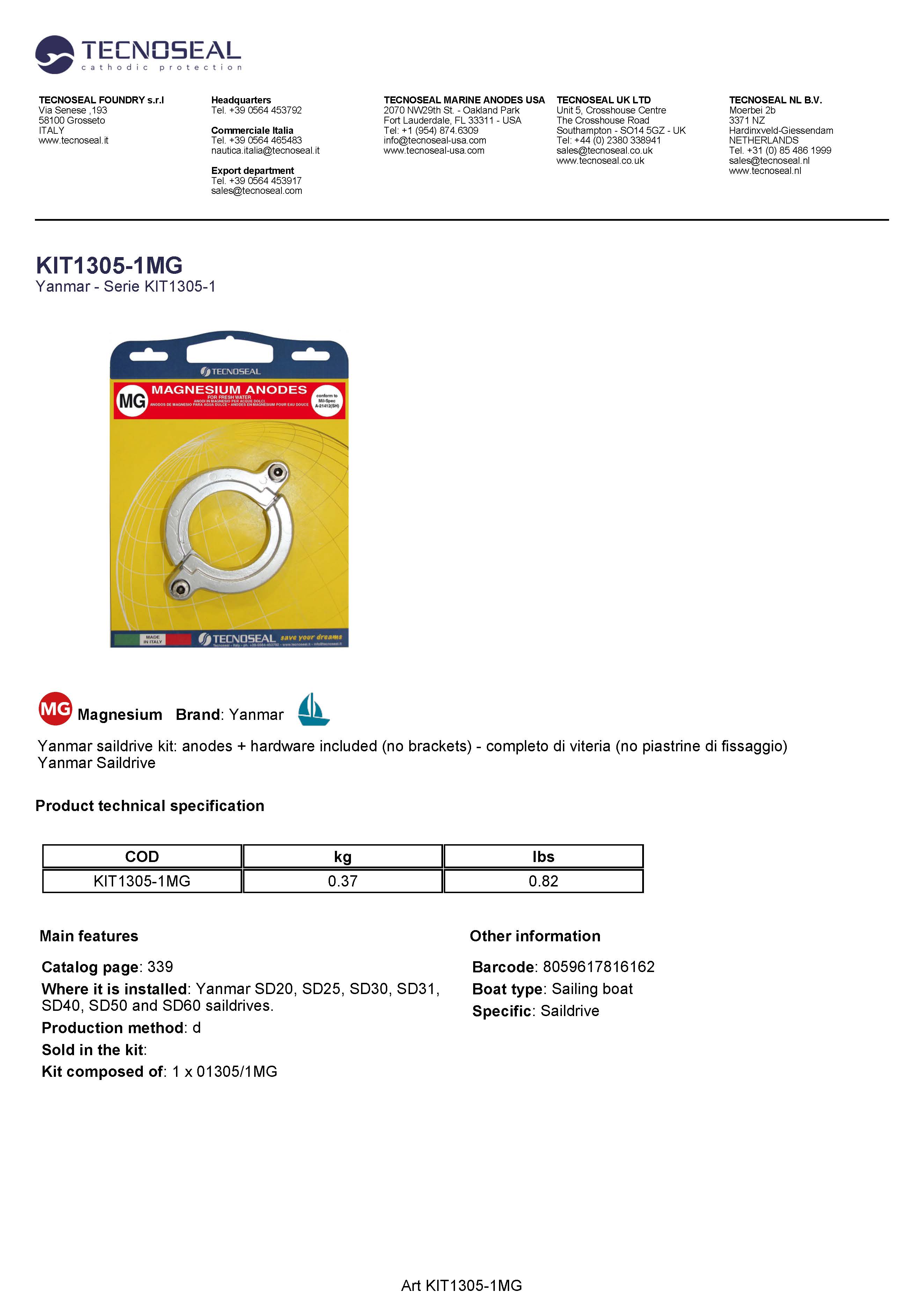 Yanmar saildrive kit: anodes + hardware (no brackets) - Kit1305 1mg 1 - KIT1305-1MG