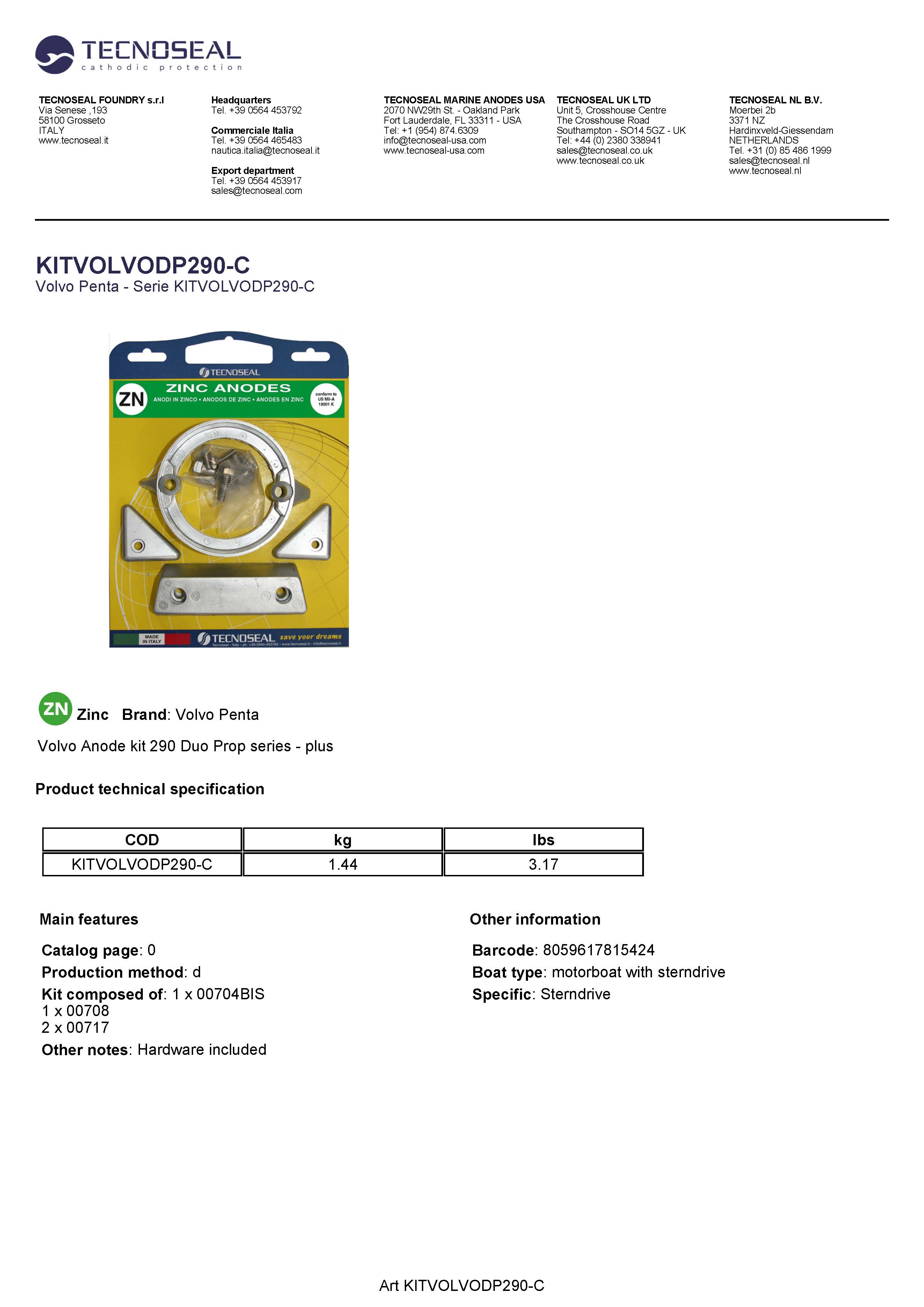 Volvo kit 290 C Duo Prop in zinc with hardware - Kitvolvodp290 c - KITVOLVODP290-C