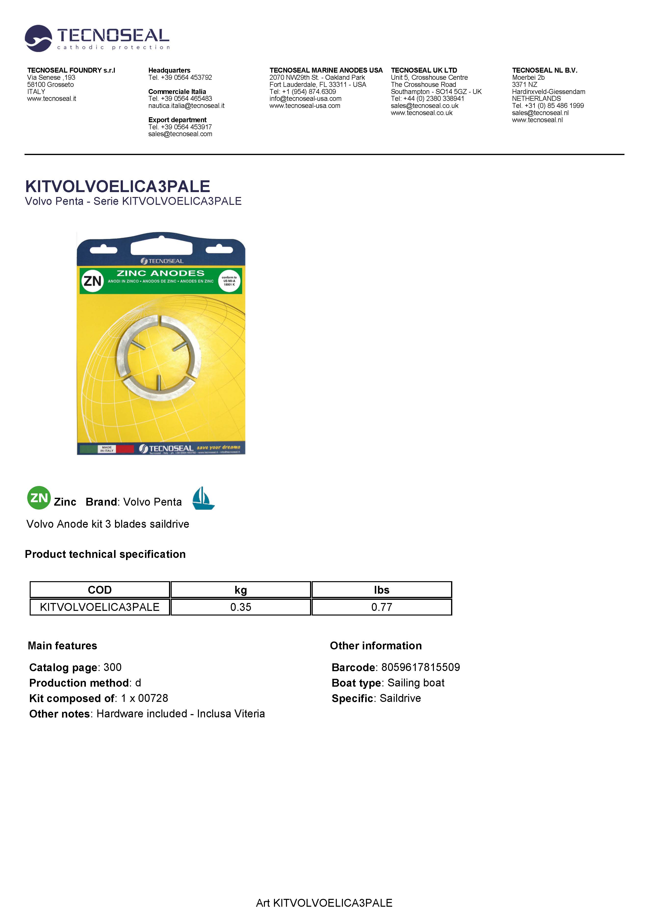 Volvo kit 3 blades saildrive in zinc  with hardware - Kitvolvoelica3pale 1 - KITVOLVOELICA3PALE