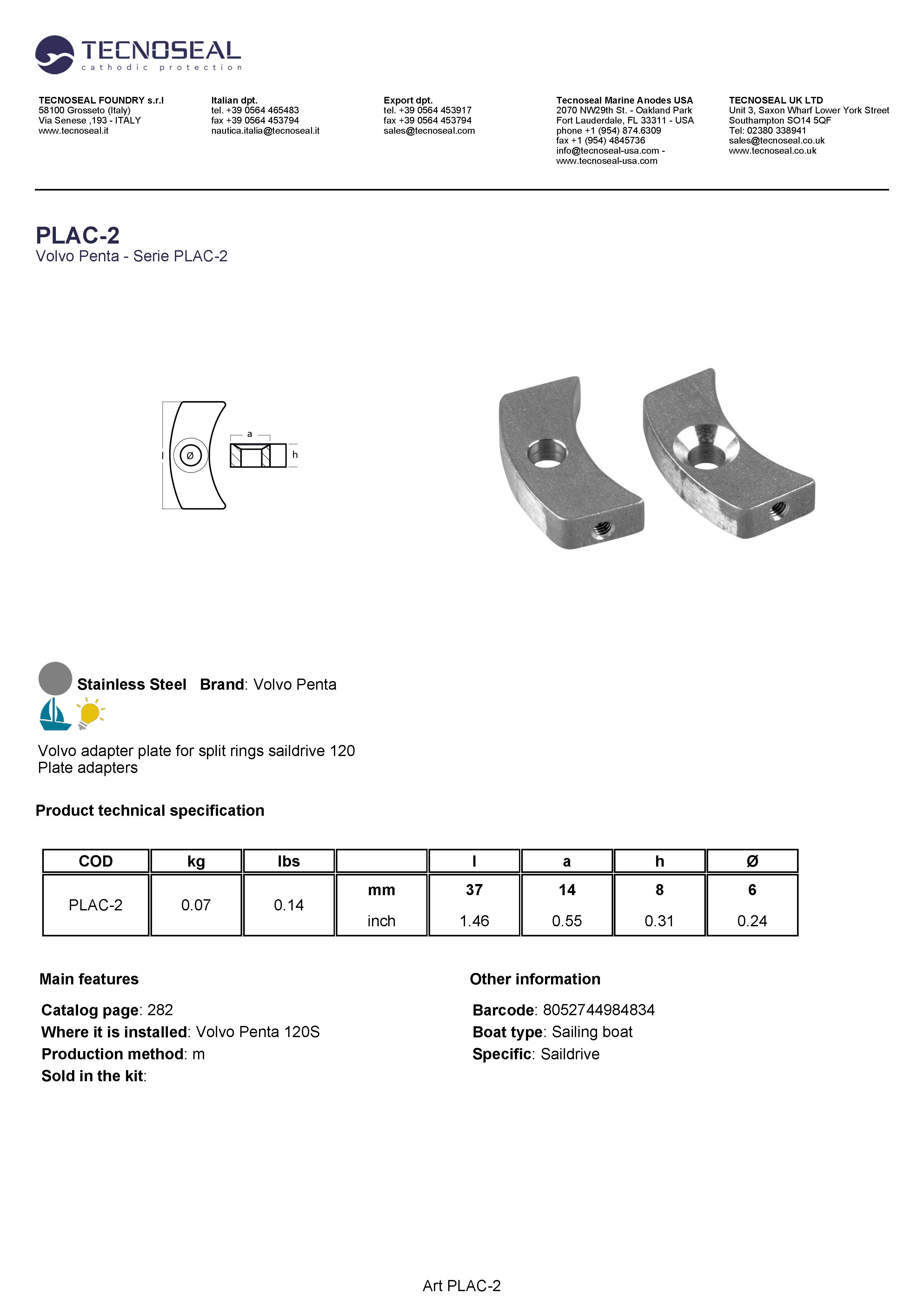 Volvo adapter plate for split rings saildrive 120 - Plac 2 - PLAC-2